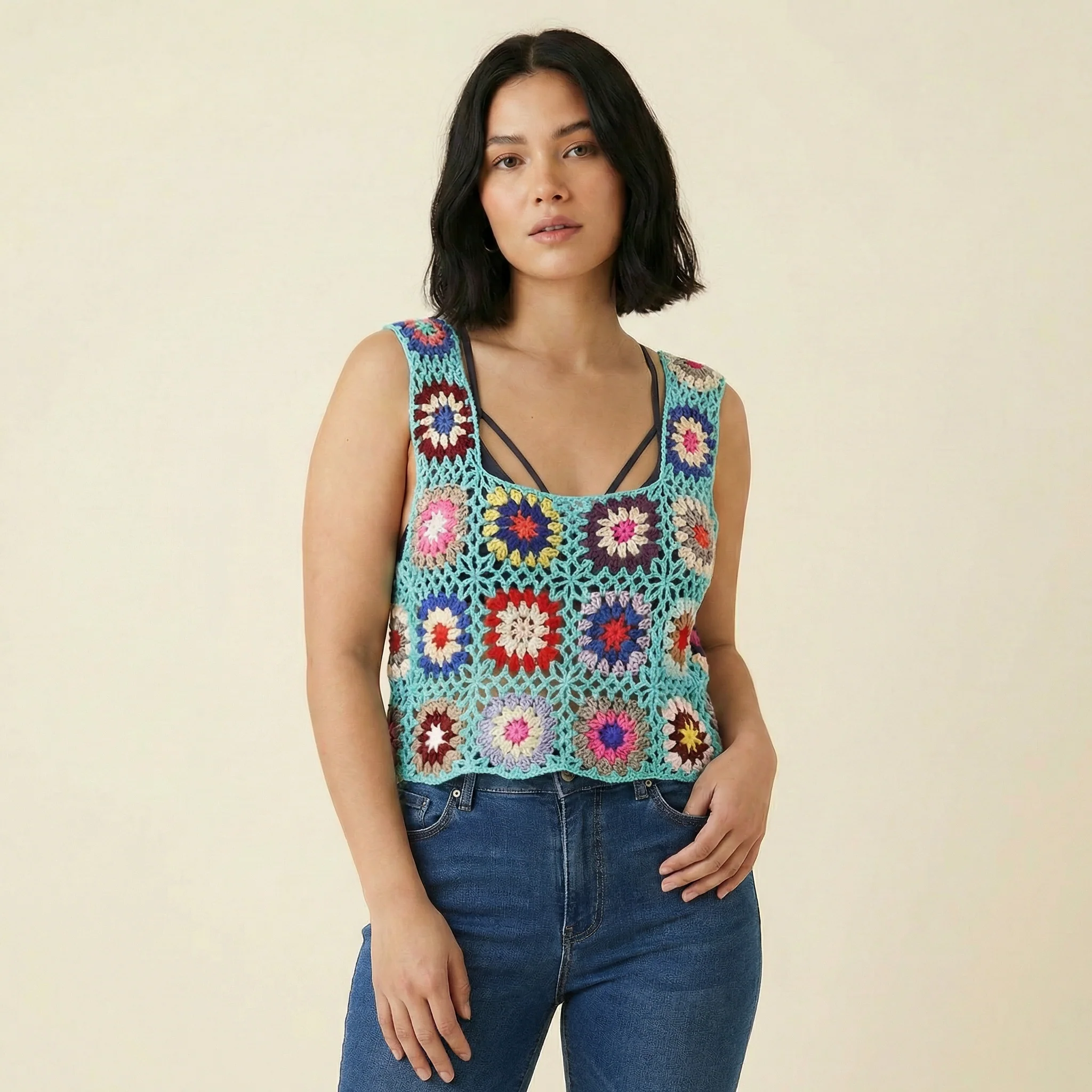 Crochet Crop Top in Blue or Purple | Novelty Knit Cropped Top | Boho Style Knit Tank - Image 4
