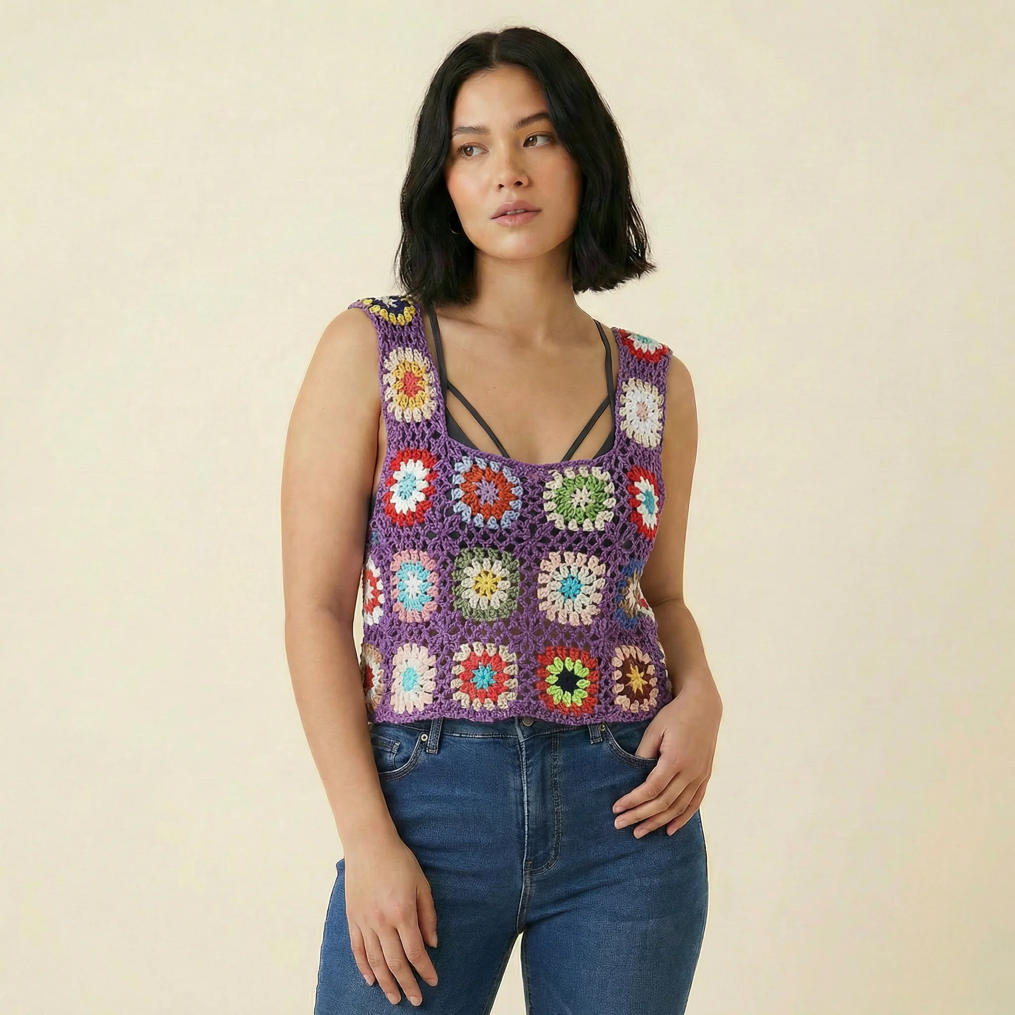 Crochet Crop Top in Blue or Purple | Novelty Knit Cropped Top | Boho Style Knit Tank - Image 5