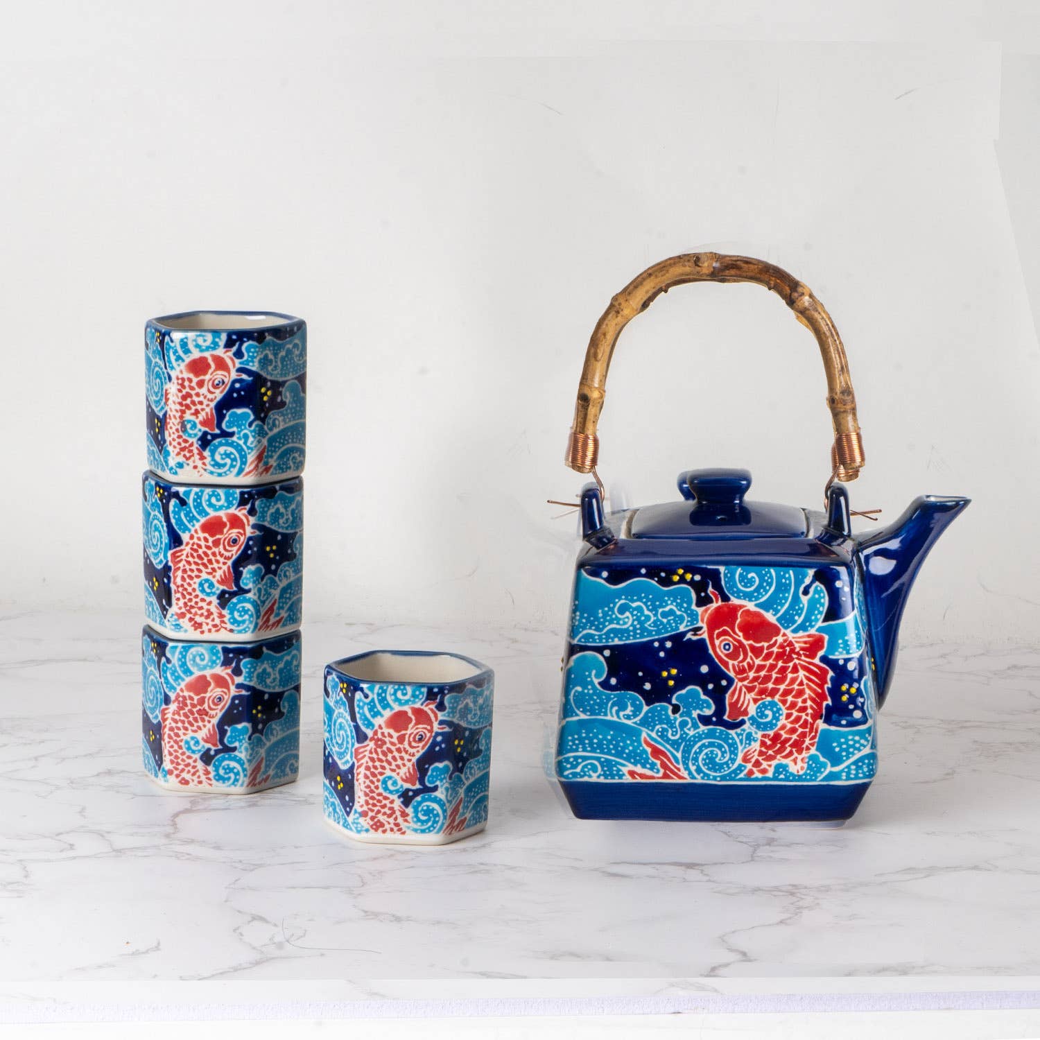 Koi Fish Japanese Tea Set 20oz Tea Pot with 4 Hexagon Cups | Gift Box - Image 3