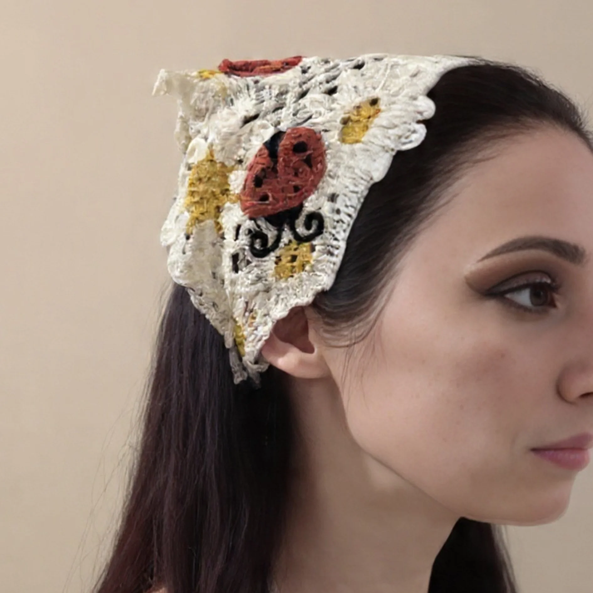 Ladybug Crochet Kerchief | Knit Tie Boho Headscarf in Cream and Red - Image 2