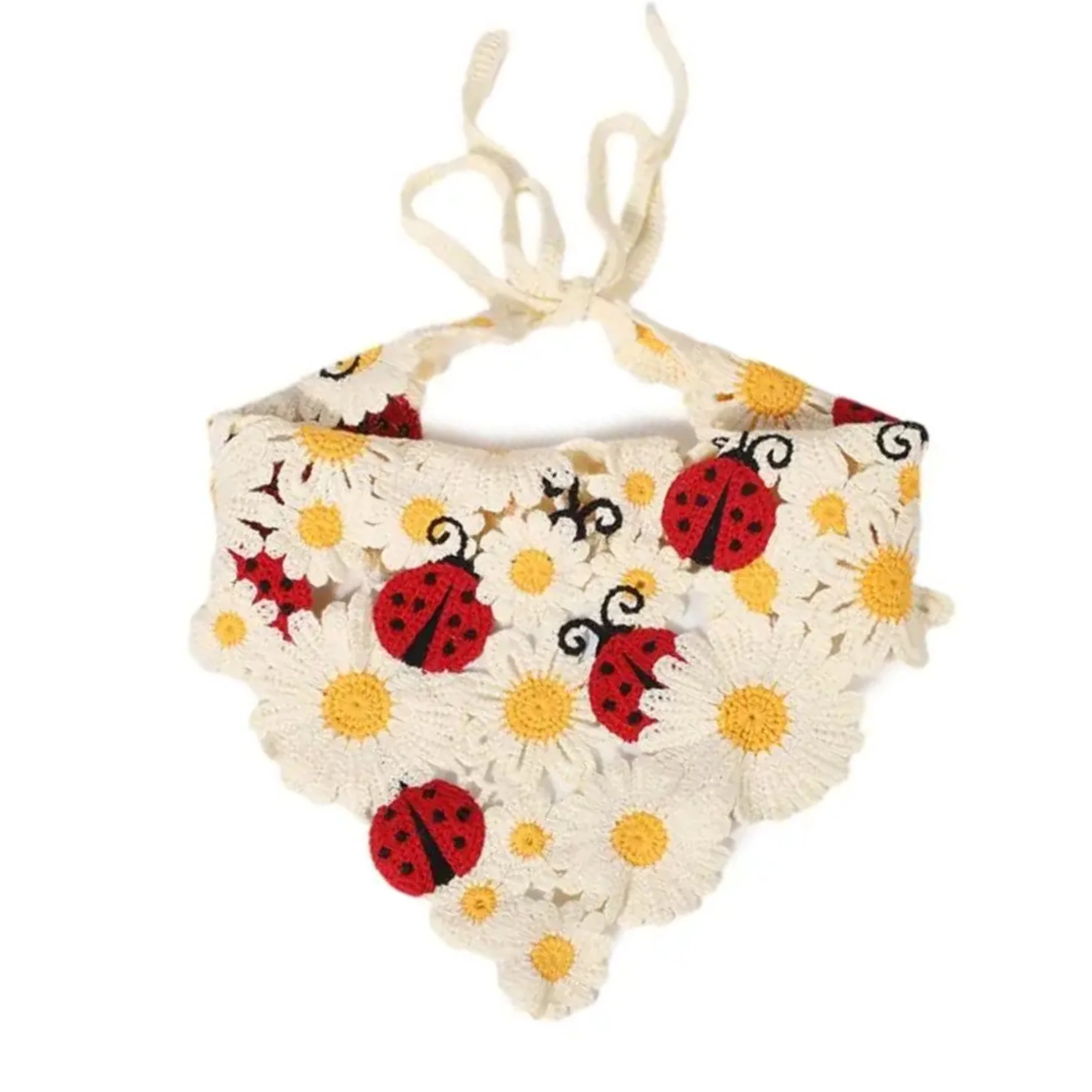 Ladybug Crochet Kerchief | Knit Tie Boho Headscarf in Cream and Red - Image 4