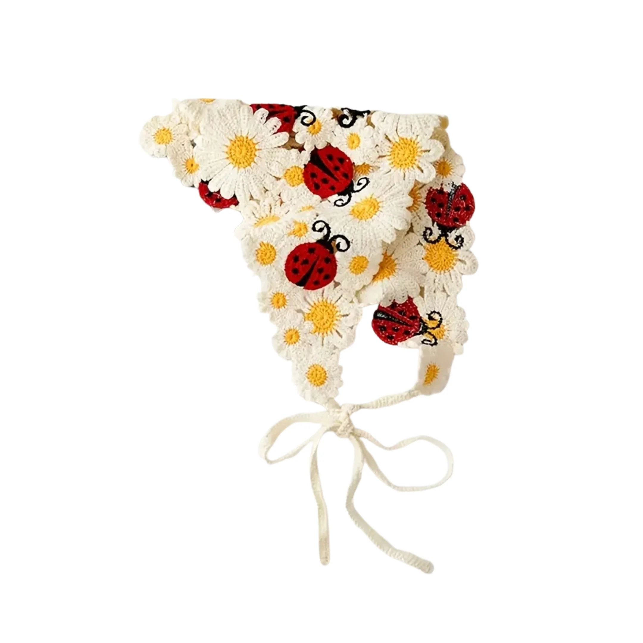 Ladybug Crochet Kerchief | Knit Tie Boho Headscarf in Cream and Red - Image 5