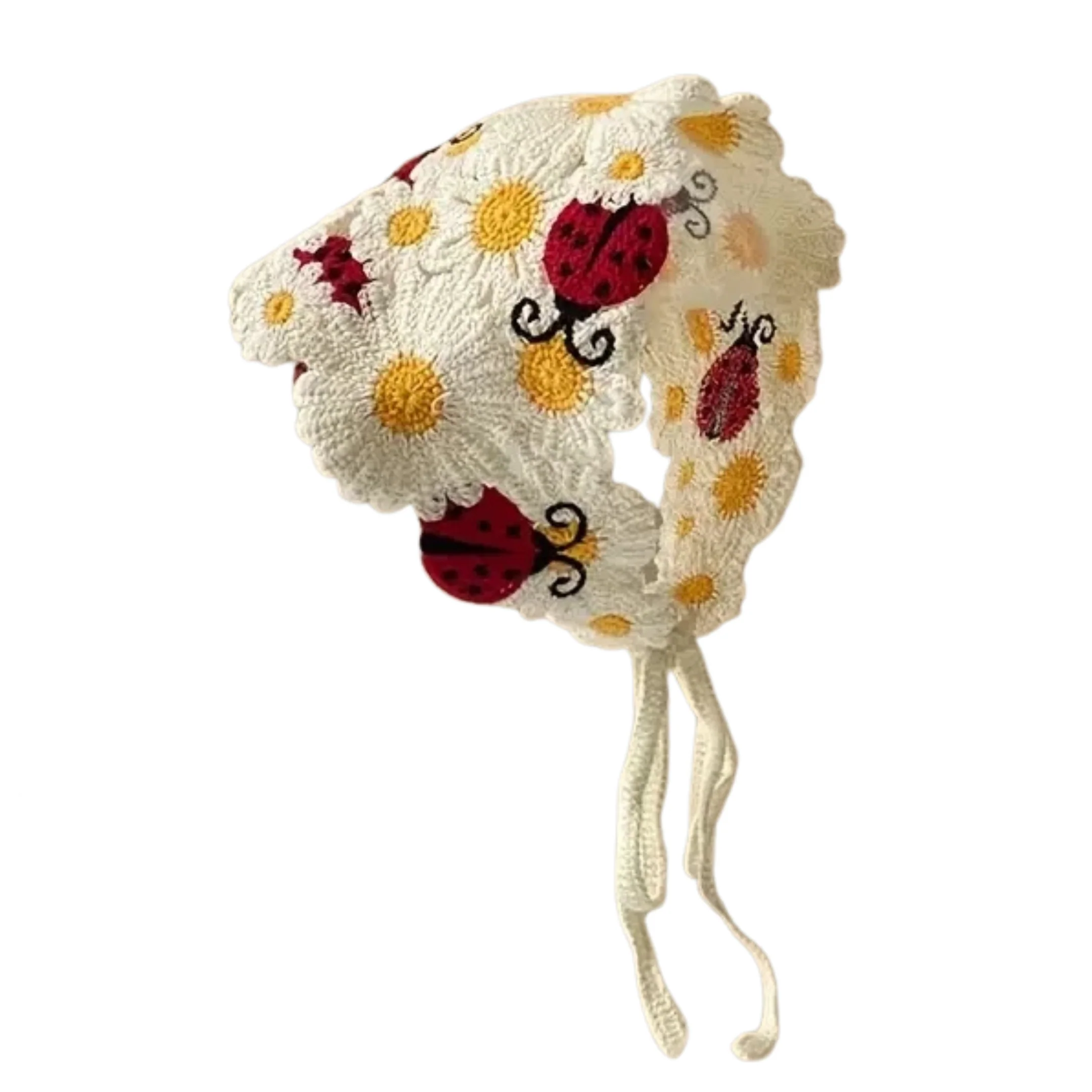 Ladybug Crochet Kerchief | Knit Tie Boho Headscarf in Cream and Red - Image 6