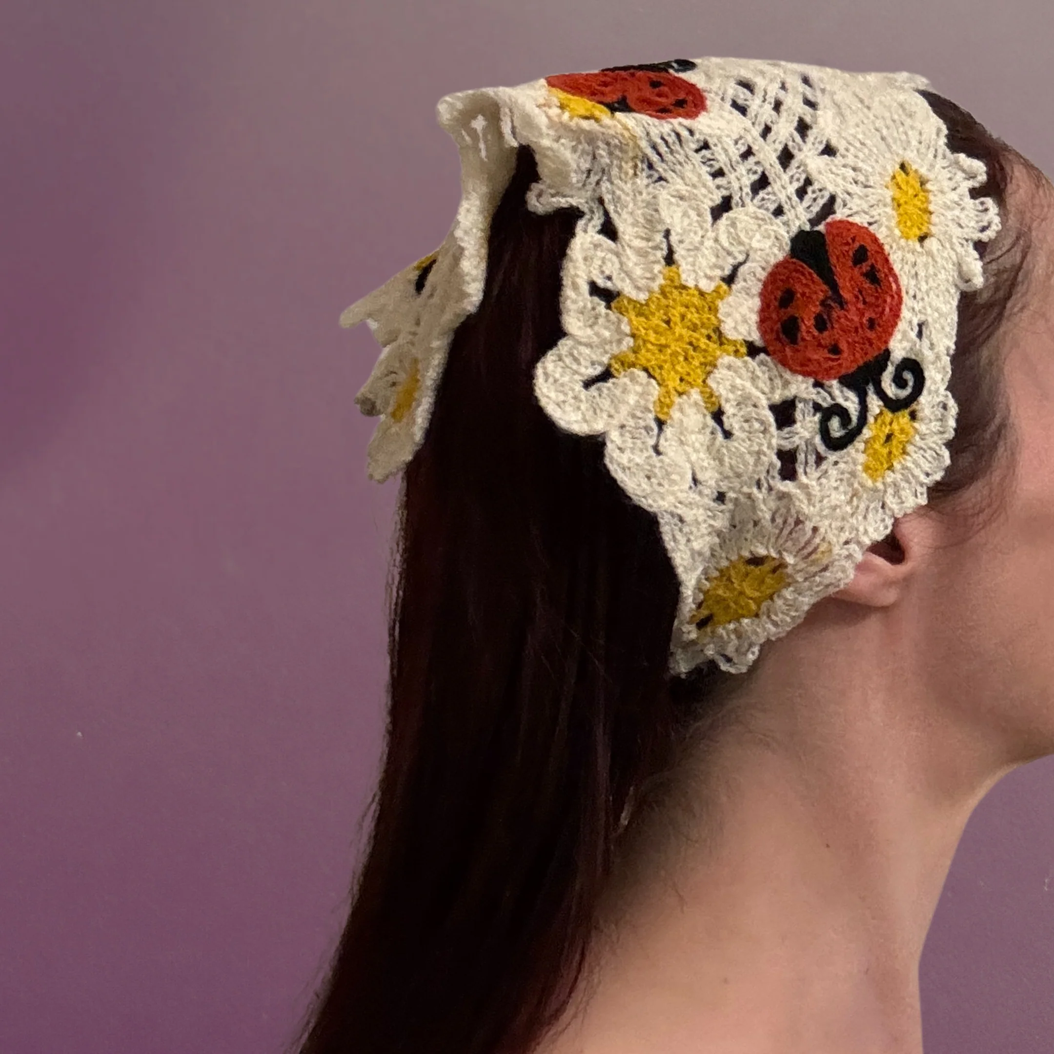 Ladybug Crochet Kerchief | Knit Tie Boho Headscarf in Cream and Red - Image 7