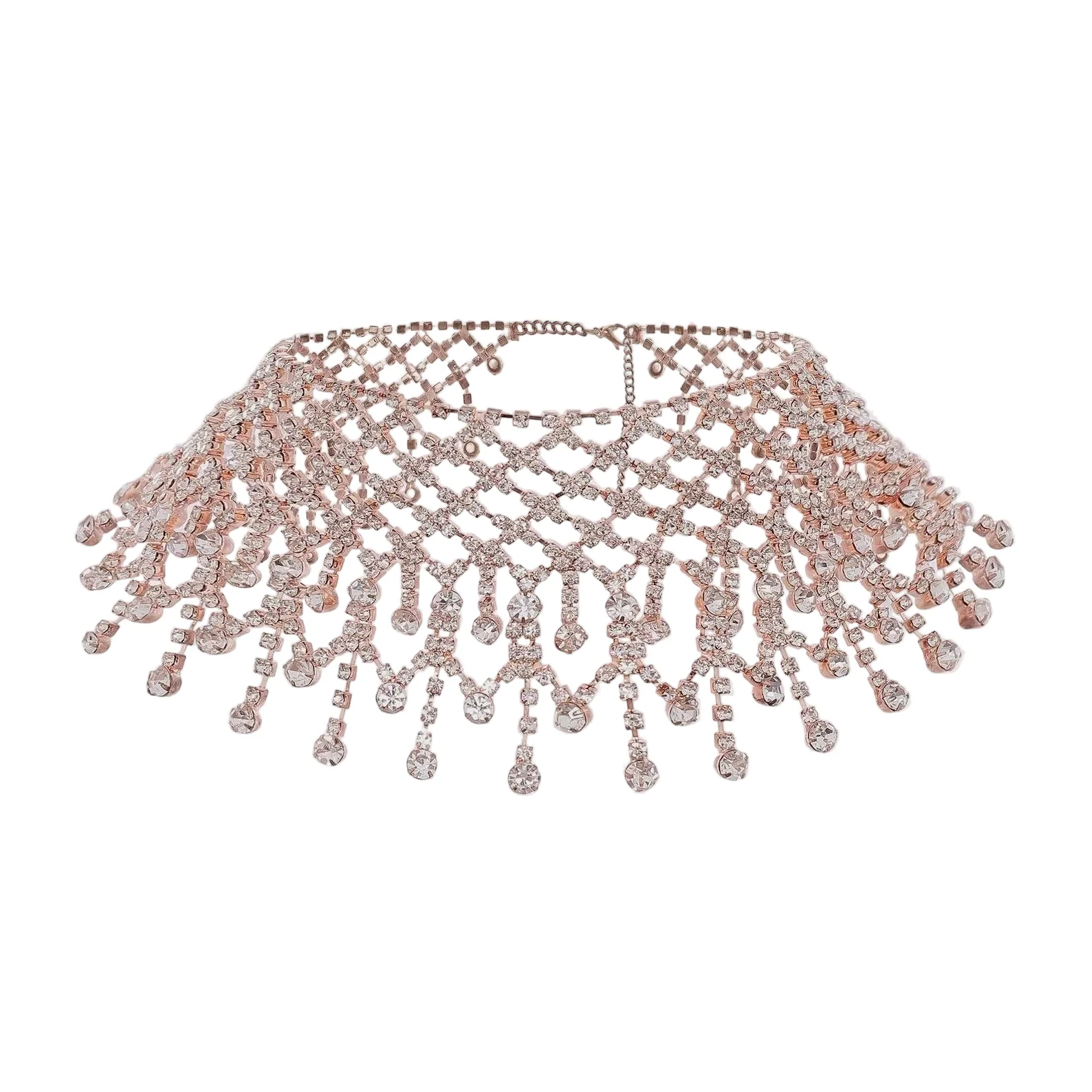 Layered Rhinestone Tassel Choker in Rose Gold