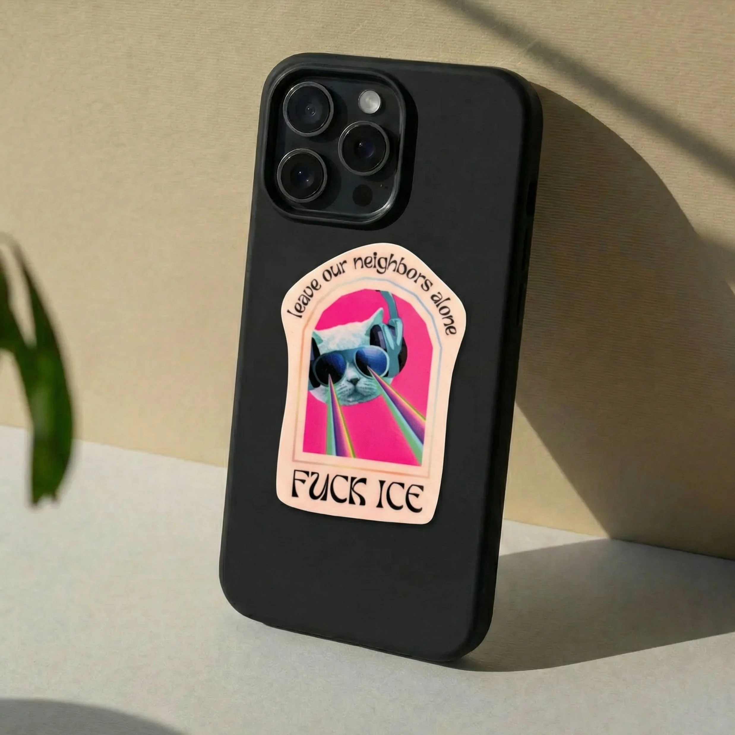 Fuck ICE Leave Our Neighbors Alone Sticker with Laser Eyes Cat - Image 3
