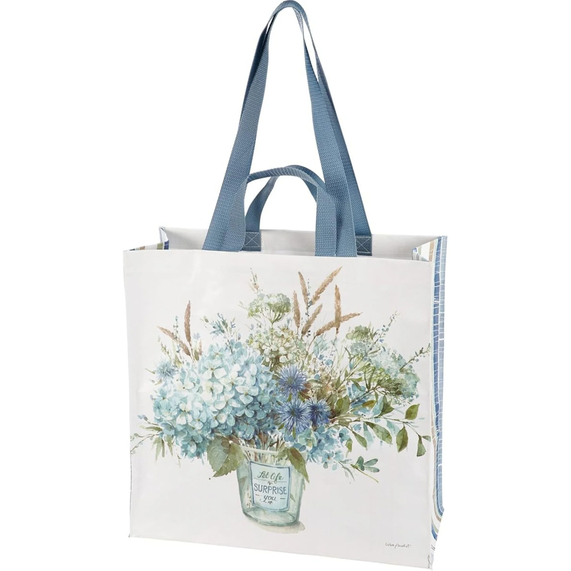 Let Life Surprise You Reusable Market Tote Bag | Blue Floral Inspirational Eco Shopping Bag | 15.25" x 6" x 15.5" - Image 2