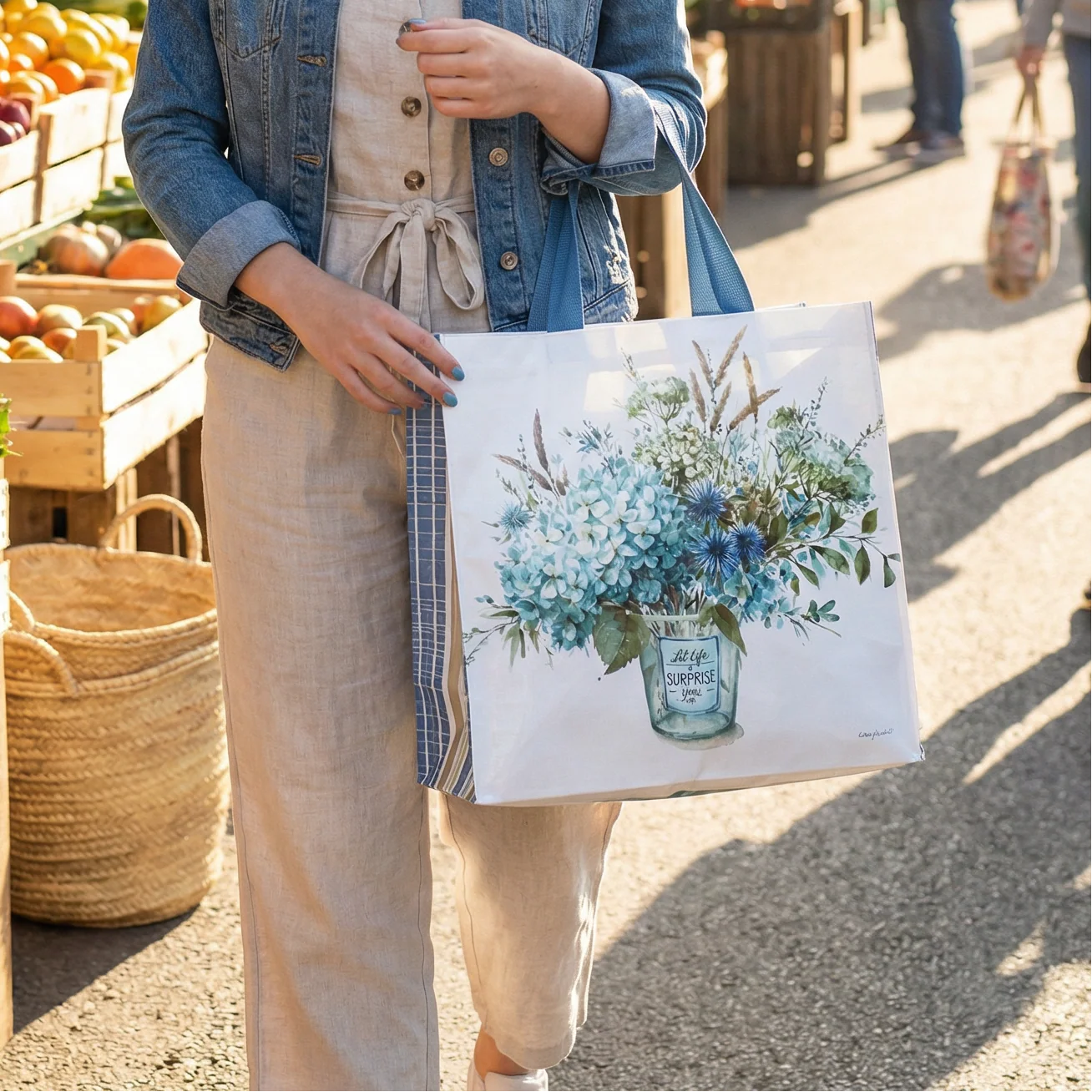 Let Life Surprise You Reusable Market Tote Bag | Blue Floral Inspirational Eco Shopping Bag | 15.25" x 6" x 15.5" - Image 3