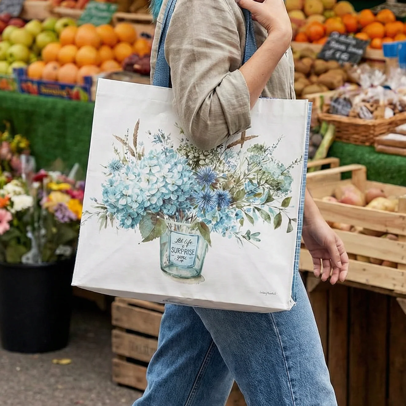 Let Life Surprise You Reusable Market Tote Bag | Blue Floral Inspirational Eco Shopping Bag | 15.25" x 6" x 15.5" - Image 6