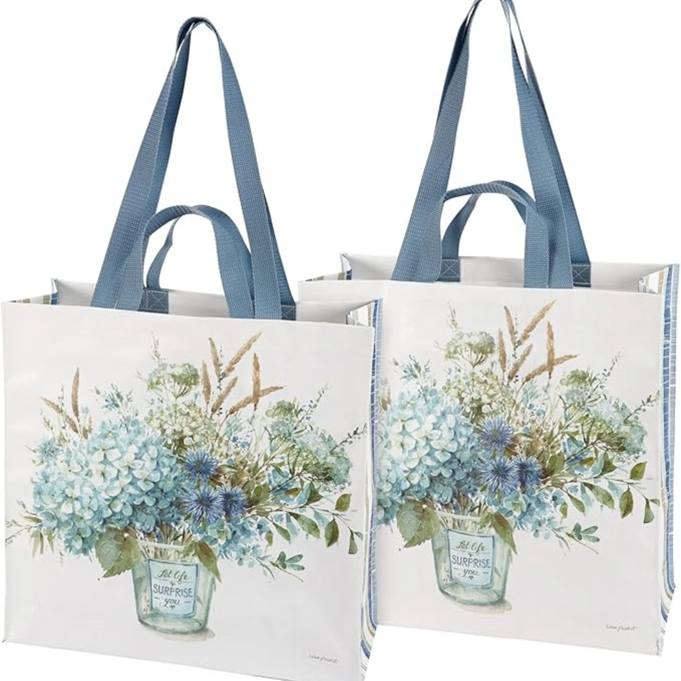 Let Life Surprise You Reusable Market Tote Bag | Blue Floral Inspirational Eco Shopping Bag | 15.25" x 6" x 15.5" - Image 7