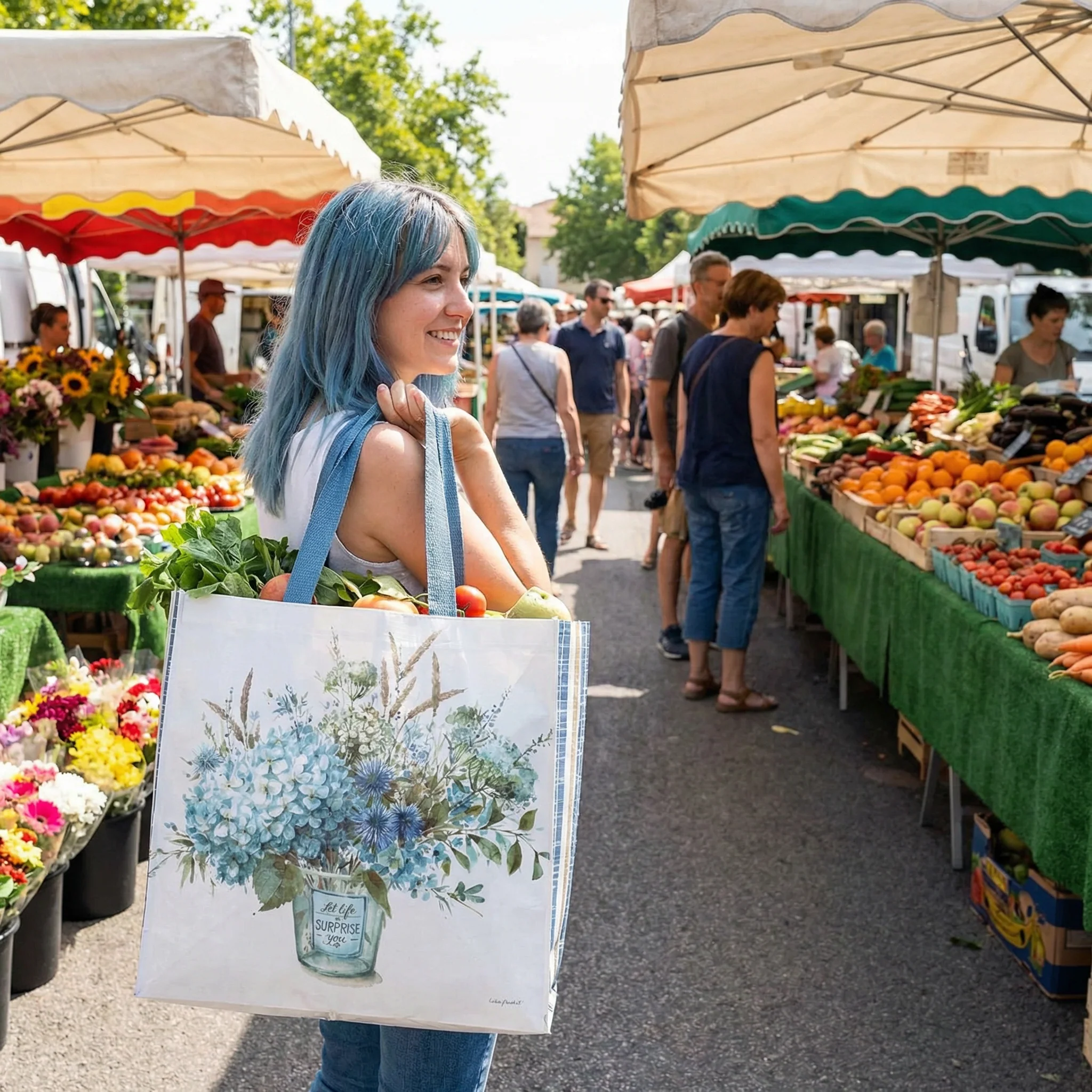 Let Life Surprise You Reusable Market Tote Bag | Blue Floral Inspirational Eco Shopping Bag | 15.25" x 6" x 15.5" - Image 8
