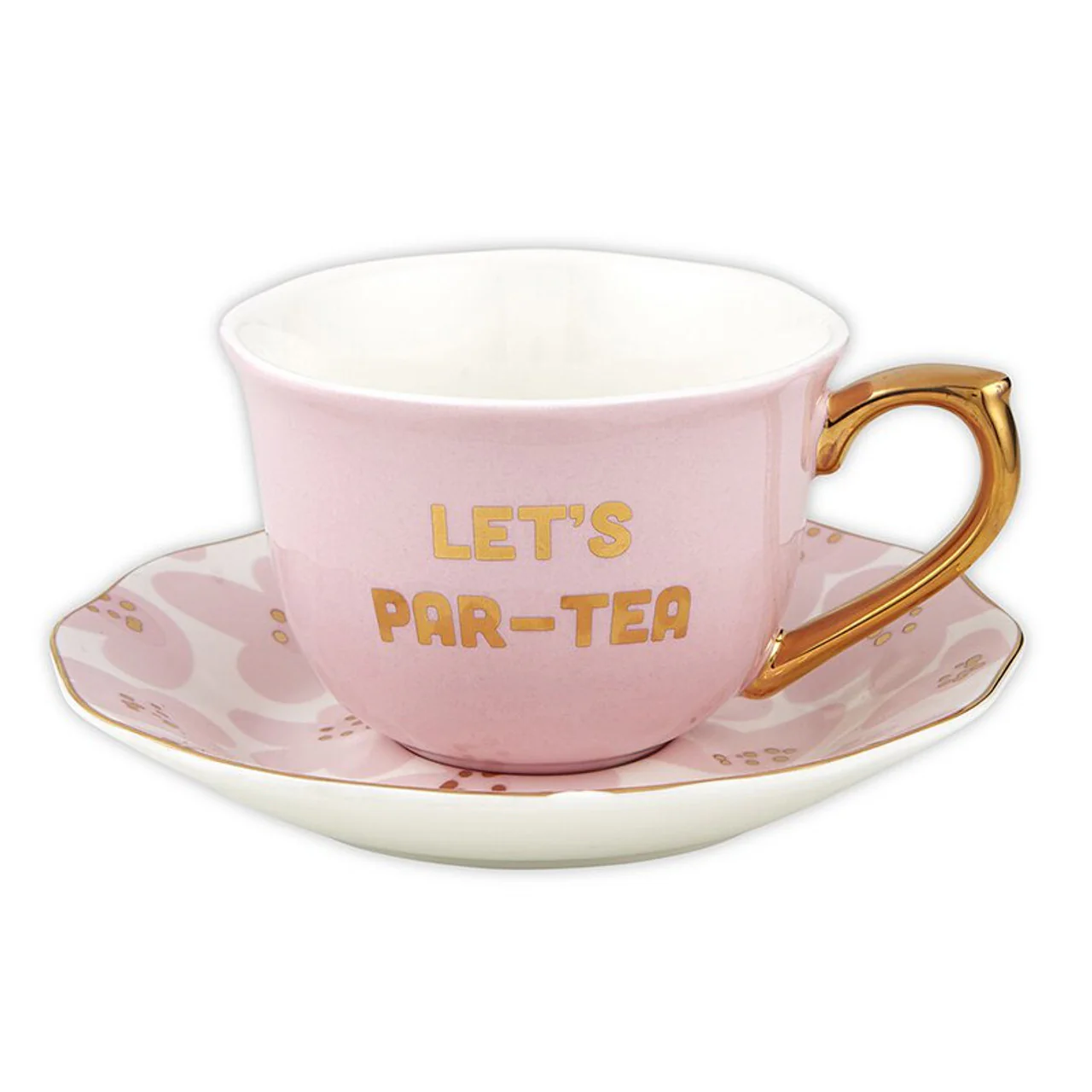 Let's Par-tea Tea Cup and Saucer Set in Pink, Gold and Floral - Image 2