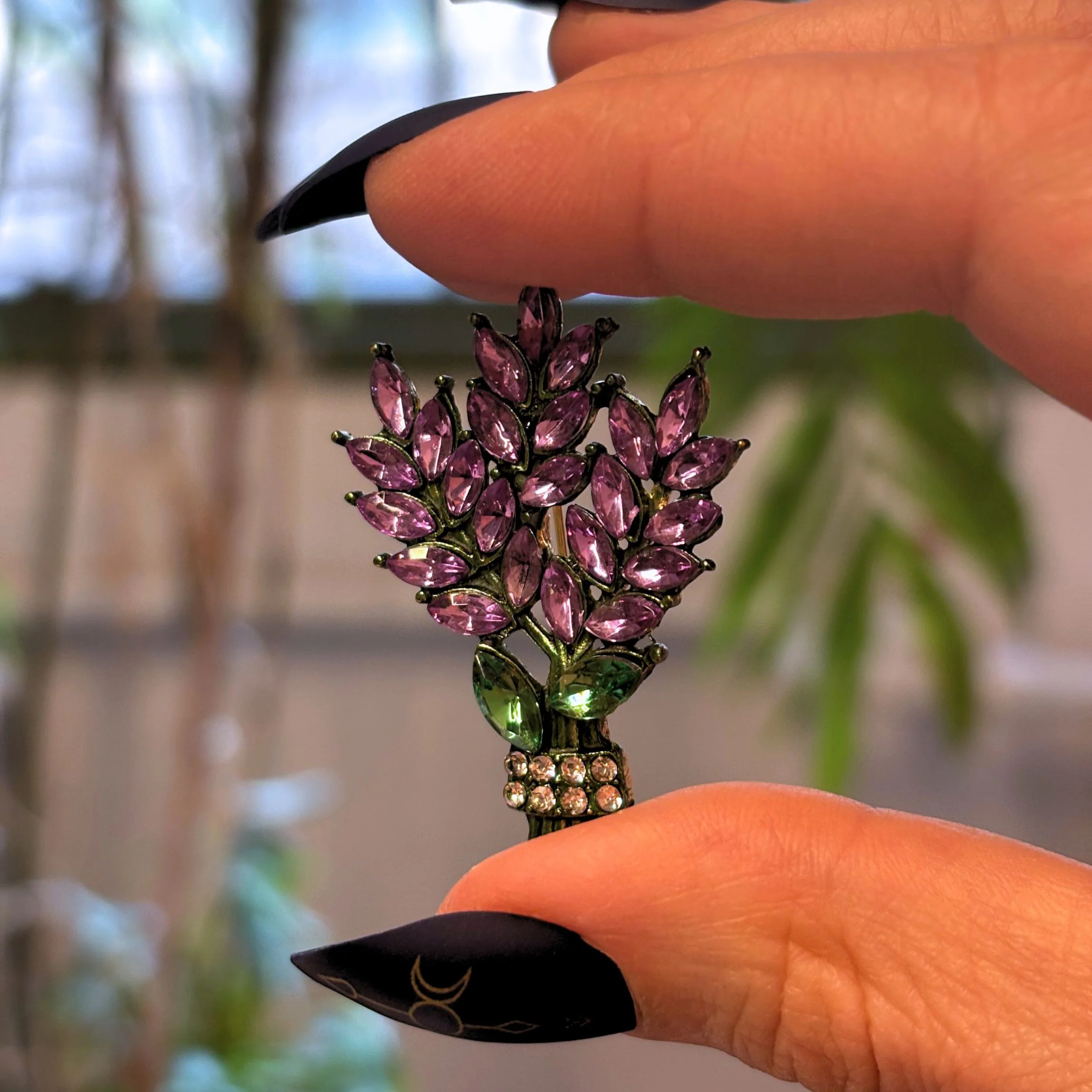 Lilac Brooch Pin 2" Purple Gemstone Floral Jewelry | Vintage Metal Alloy - Image 2