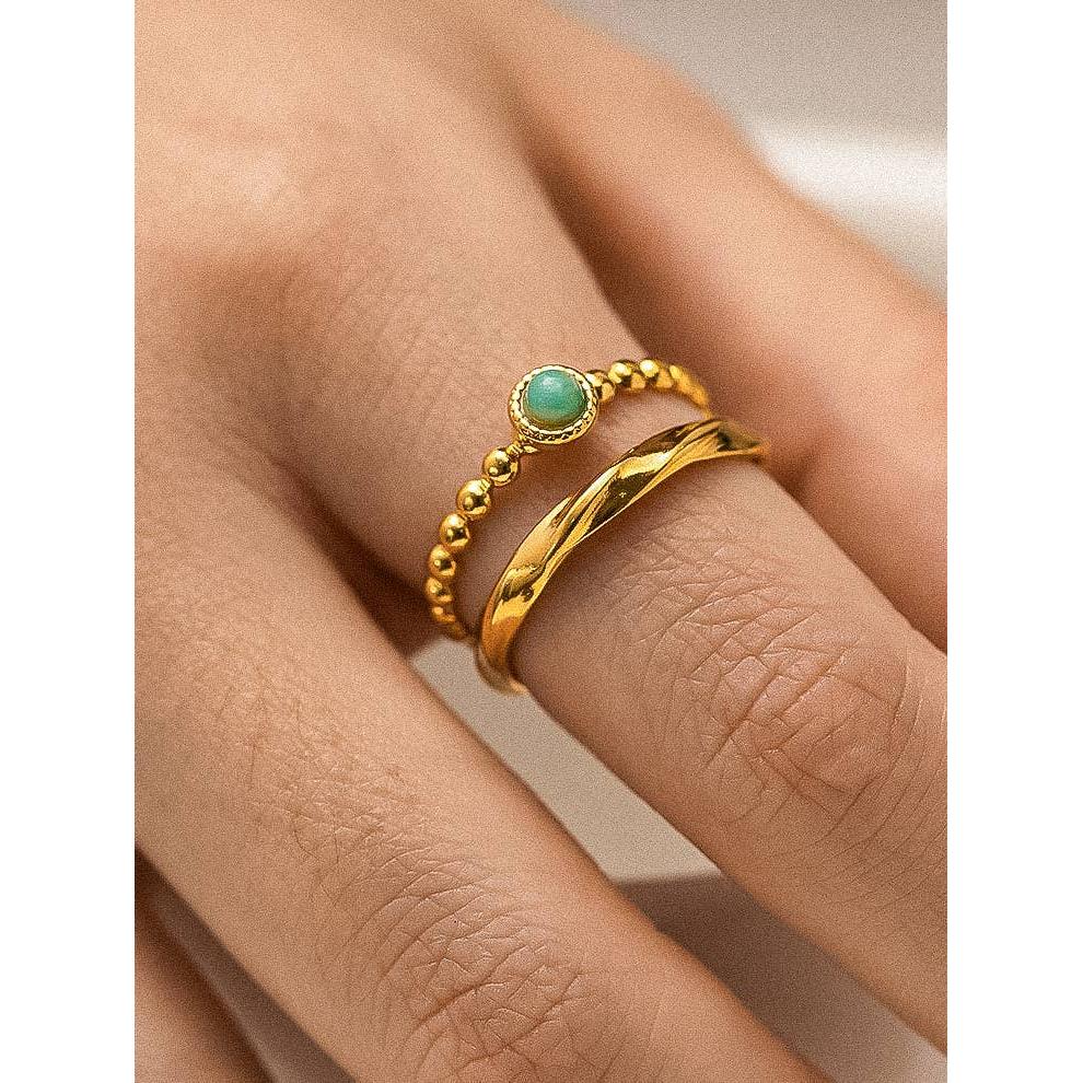 Lindy 18K Gold Non-Tarnish Layered Stone Ring | Gold Plated Stainless Steel Beaded Stack Ring - Image 2