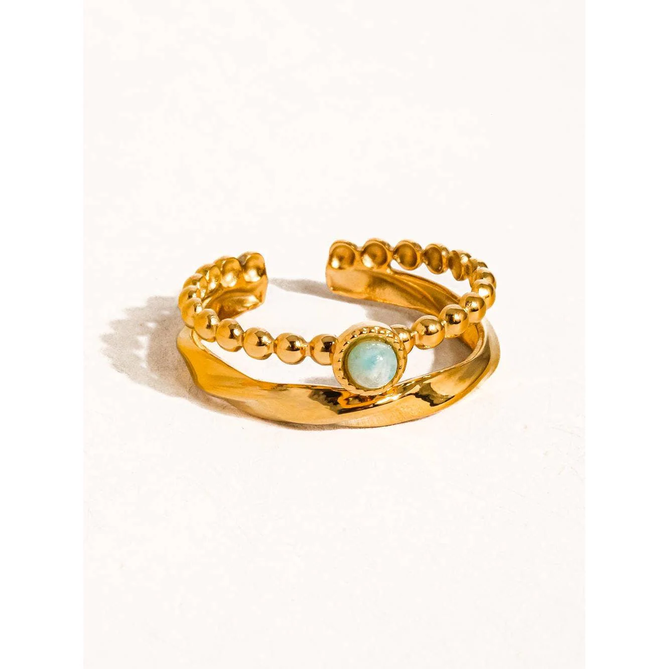Lindy 18K Gold Non-Tarnish Layered Stone Ring | Gold Plated Stainless Steel Beaded Stack Ring - Image 3