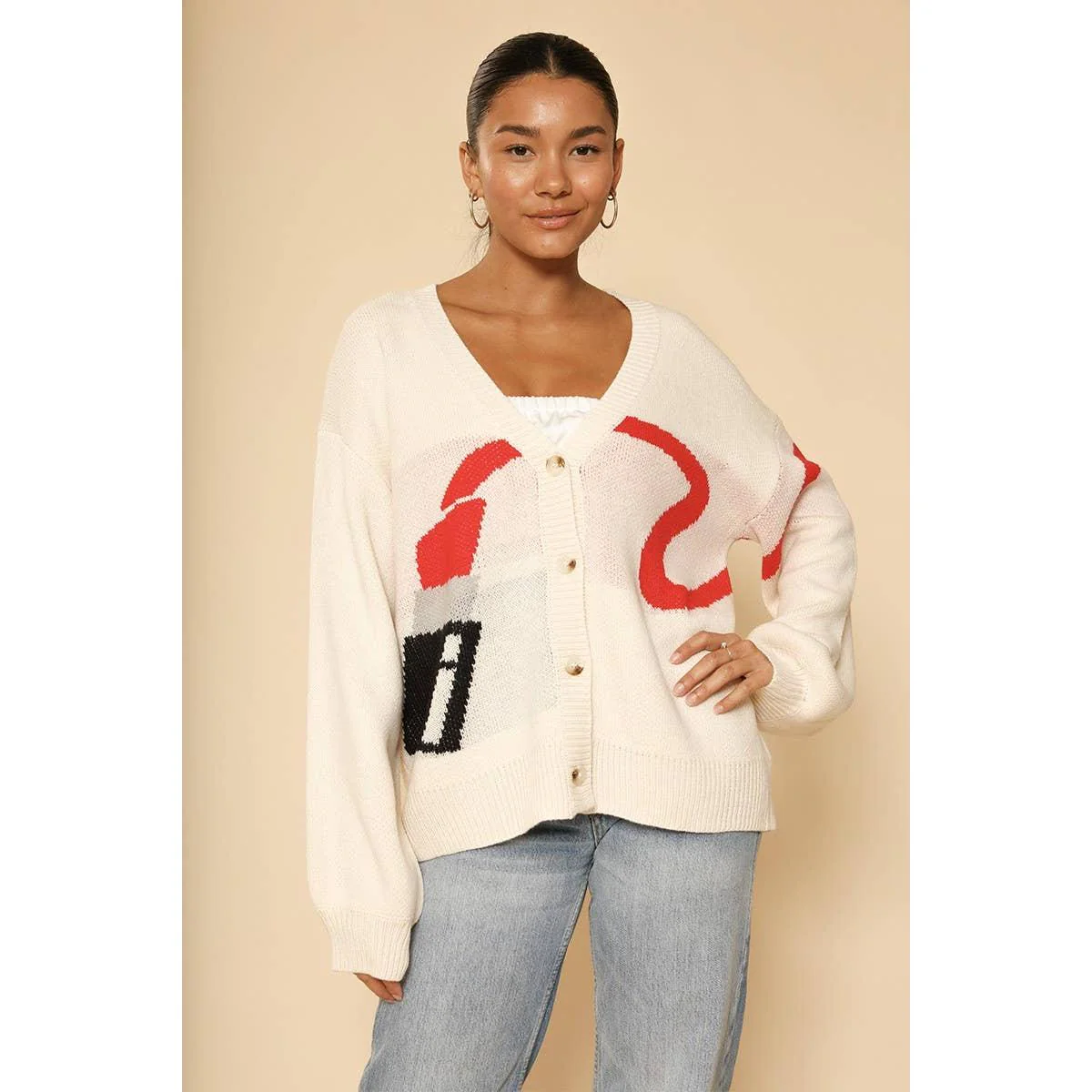 Lipstick Intarsia Cardigan – White Multi | Knit Sweater [Available in S-XL] - Image 2