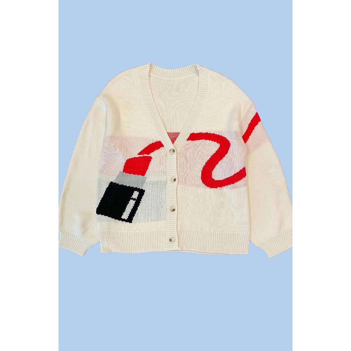 Lipstick Intarsia Cardigan – White Multi | Knit Sweater [Available in S-XL] - Image 4
