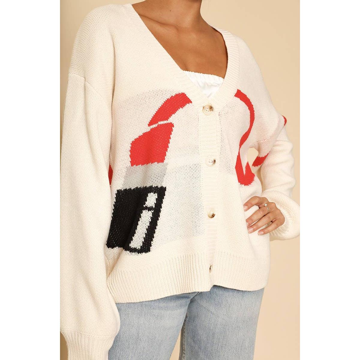 Lipstick Intarsia Cardigan – White Multi | Knit Sweater [Available in S-XL] - Image 5