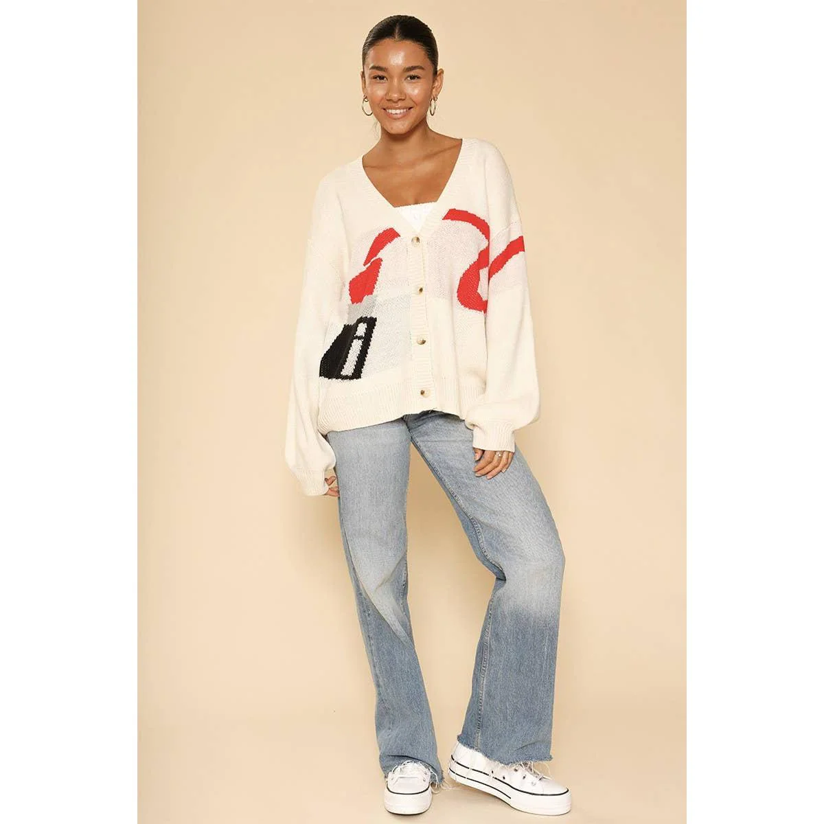 Lipstick Intarsia Cardigan – White Multi | Knit Sweater [Available in S-XL] - Image 6