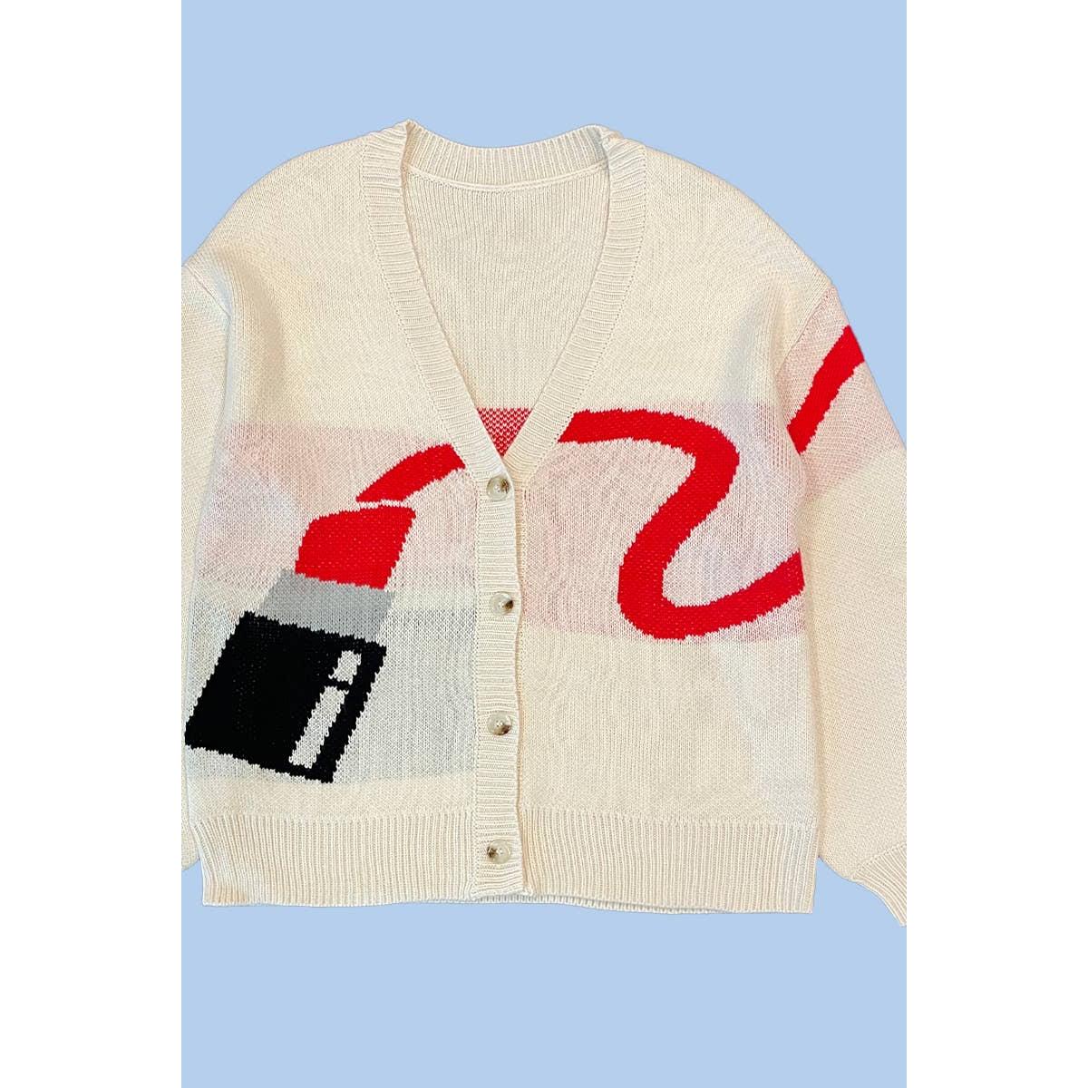 Lipstick Intarsia Cardigan – White Multi | Knit Sweater [Available in S-XL] - Image 7