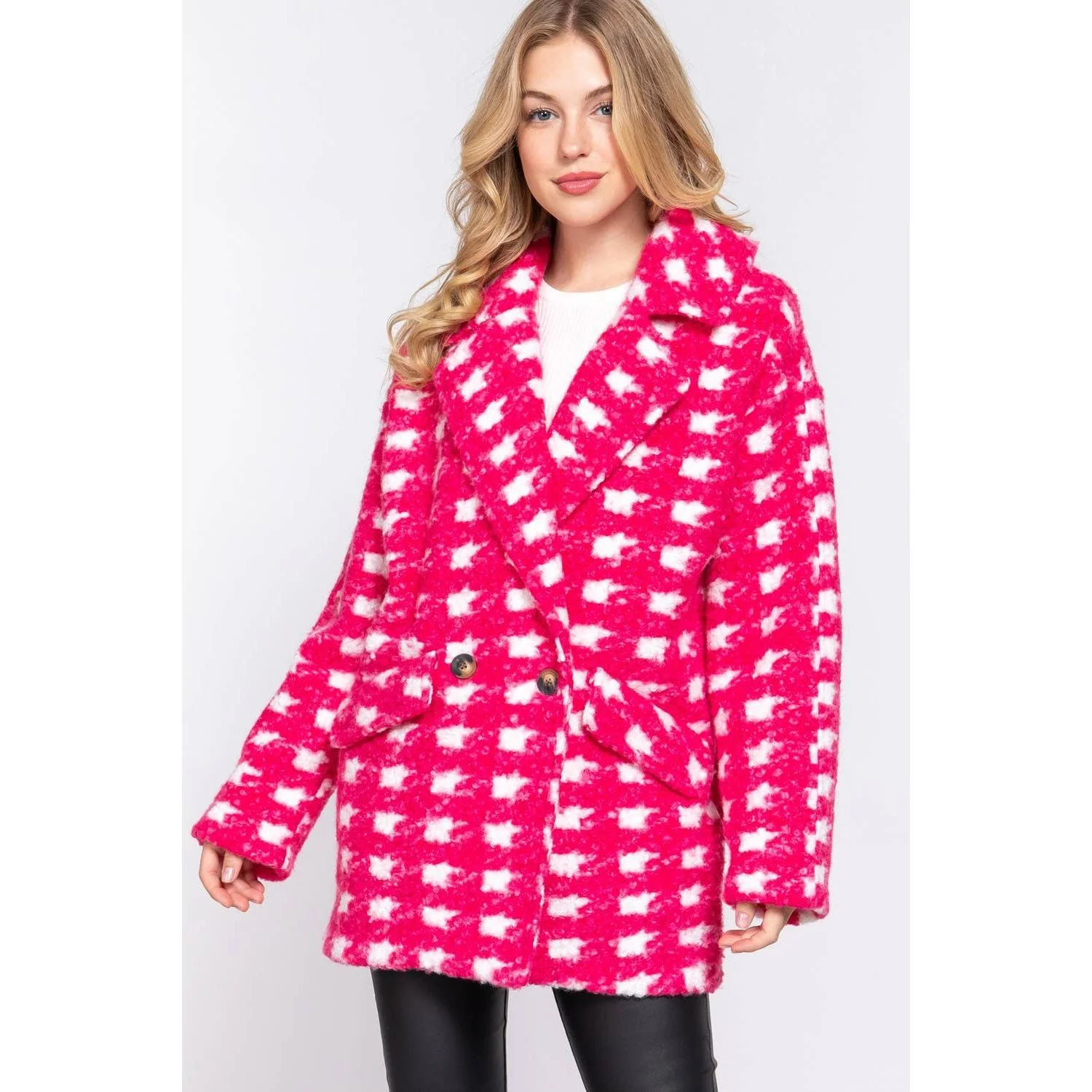 Bold Check Print Boucle Fleece Coat | Long Sleeve Double Breasted Winter Jacket for Women [SM-L] - Image 11