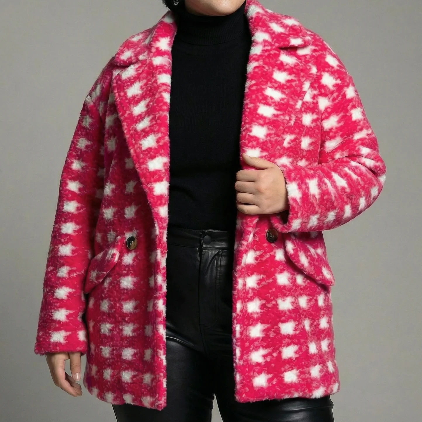 Bold Check Print Boucle Fleece Coat | Long Sleeve Double Breasted Winter Jacket for Women [SM-L] - Image 13
