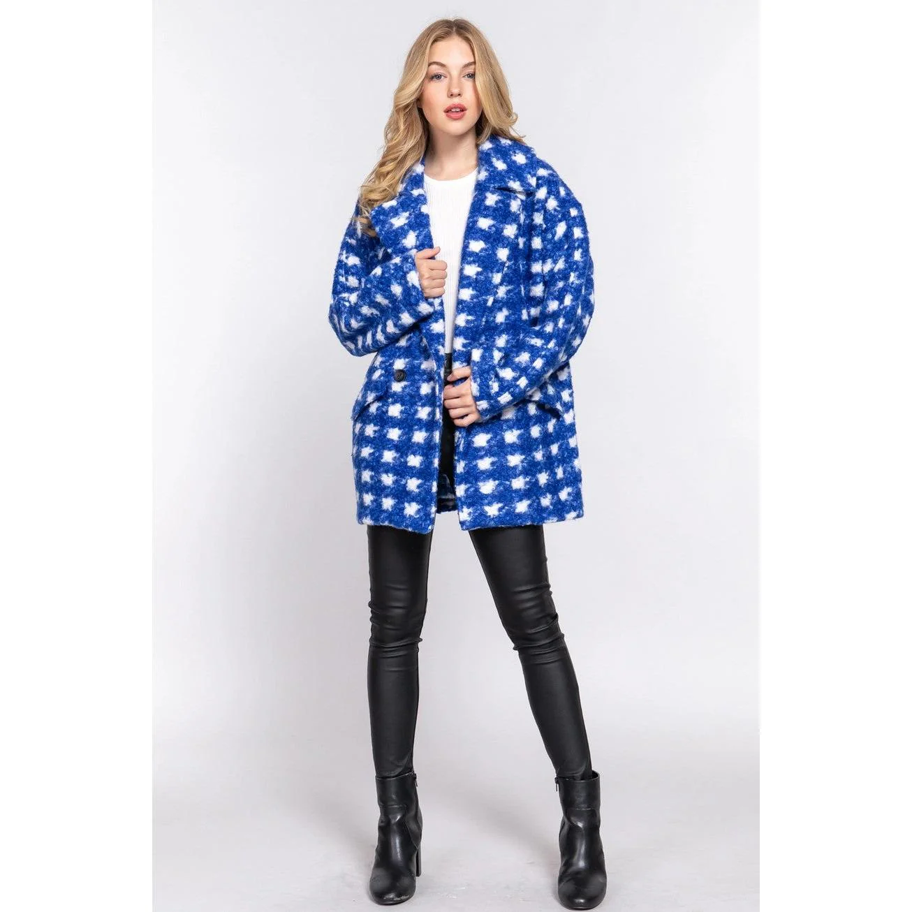Bold Check Print Boucle Fleece Coat | Long Sleeve Double Breasted Winter Jacket for Women [SM-L] - Image 15