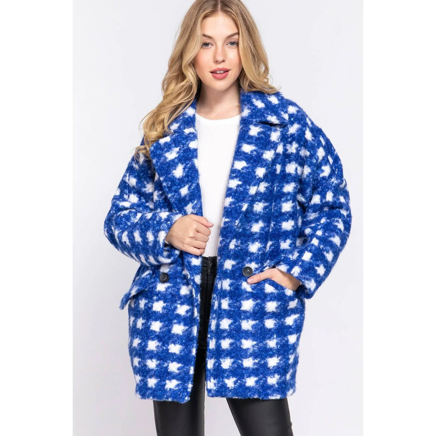 Bold Check Print Boucle Fleece Coat | Long Sleeve Double Breasted Winter Jacket for Women [SM-L] - Image 2