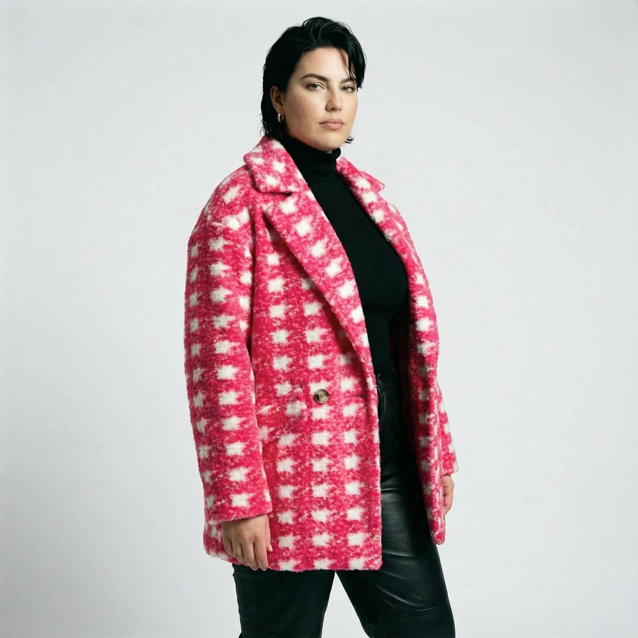 Bold Check Print Boucle Fleece Coat | Long Sleeve Double Breasted Winter Jacket for Women [SM-L] - Image 5