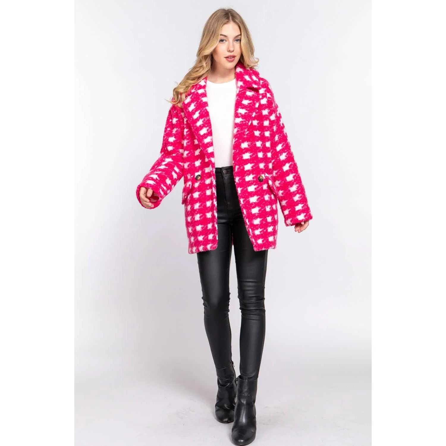 Bold Check Print Boucle Fleece Coat | Long Sleeve Double Breasted Winter Jacket for Women [SM-L] - Image 9