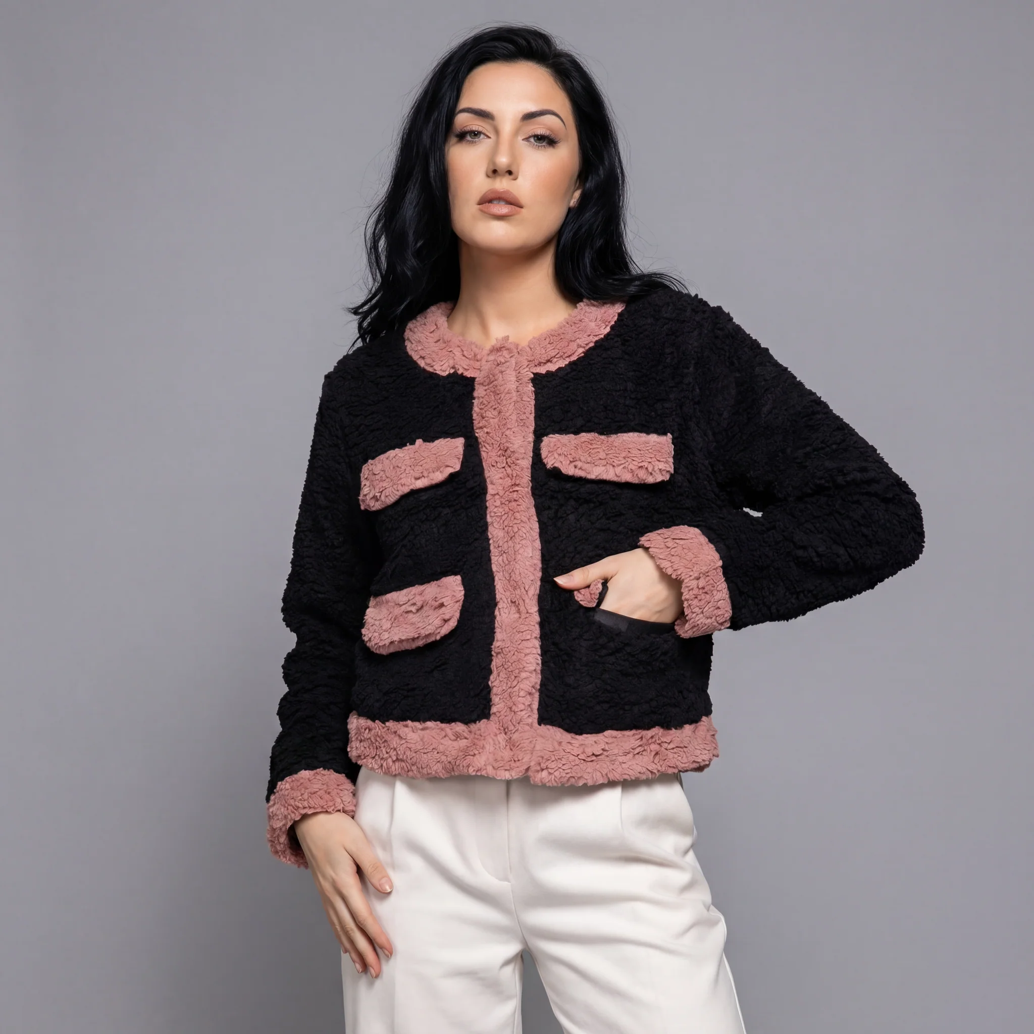 Chic Long Sleeve Faux Fur Jacket with Pocket Details | Soft, Stylish Winter Essential - Image 2