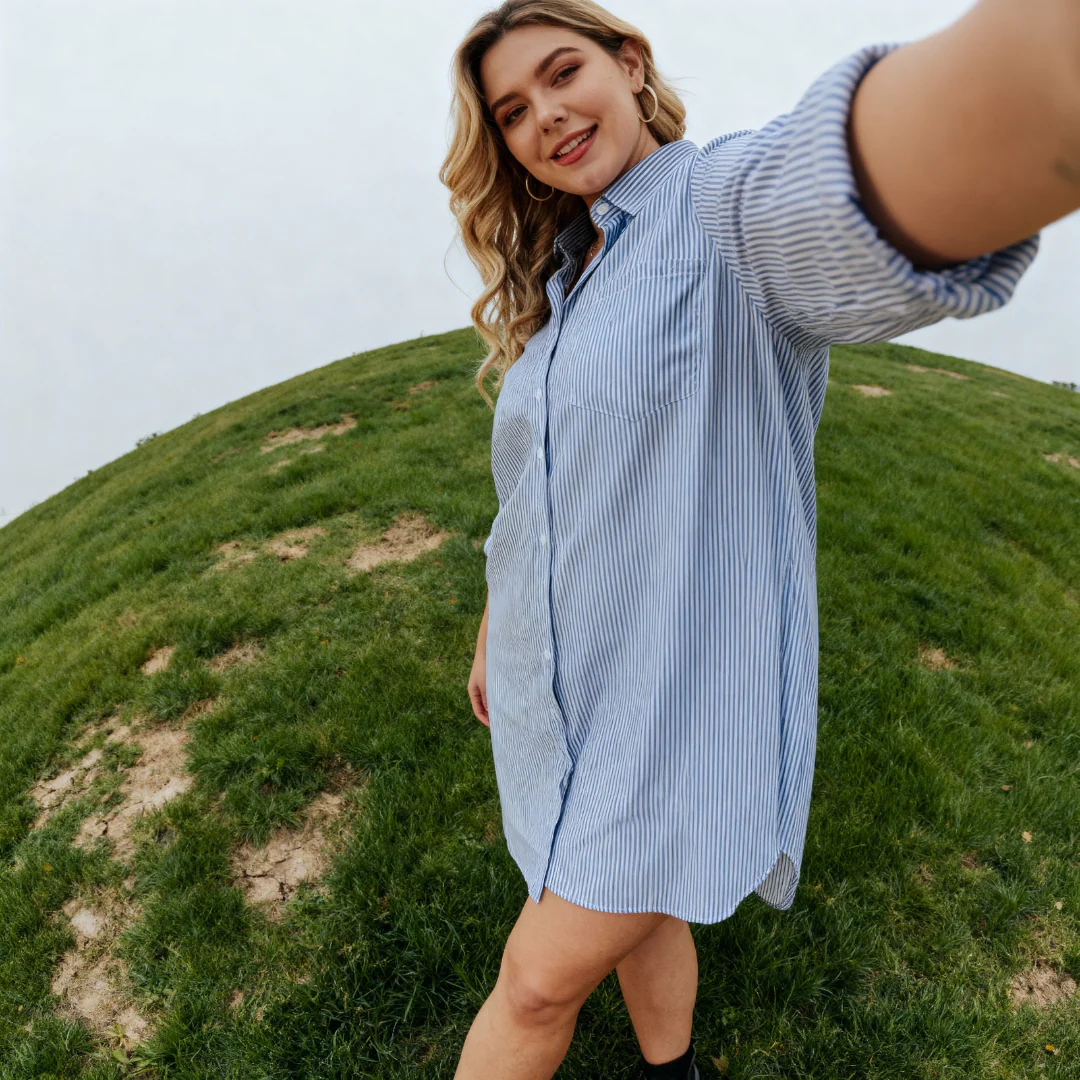 Loose Casual Long Sleeve Shirt Dress in Navy Blue [Available in SM-1X] - Image 5