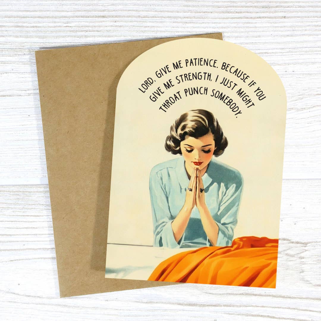 Give Me Patience Funny Prayer Card | Sarcastic Vintage Humor Die Cut Greeting Card - Image 2