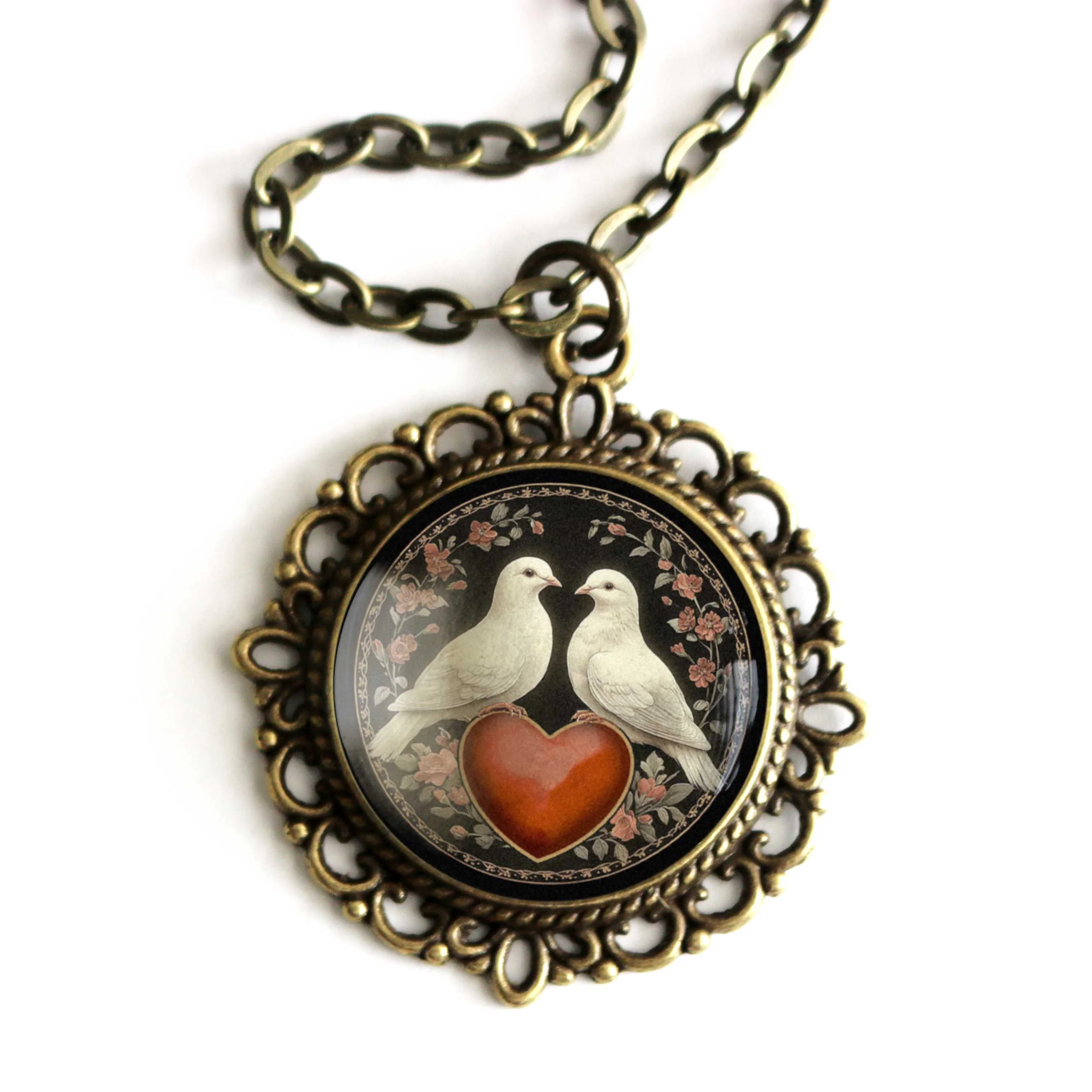 Love Bird Doves Valentine’s Day Pendant Necklace | Vintage Inspired Glass Cabochon, Antiqued Bronze, Handmade Jewelry - Image 2