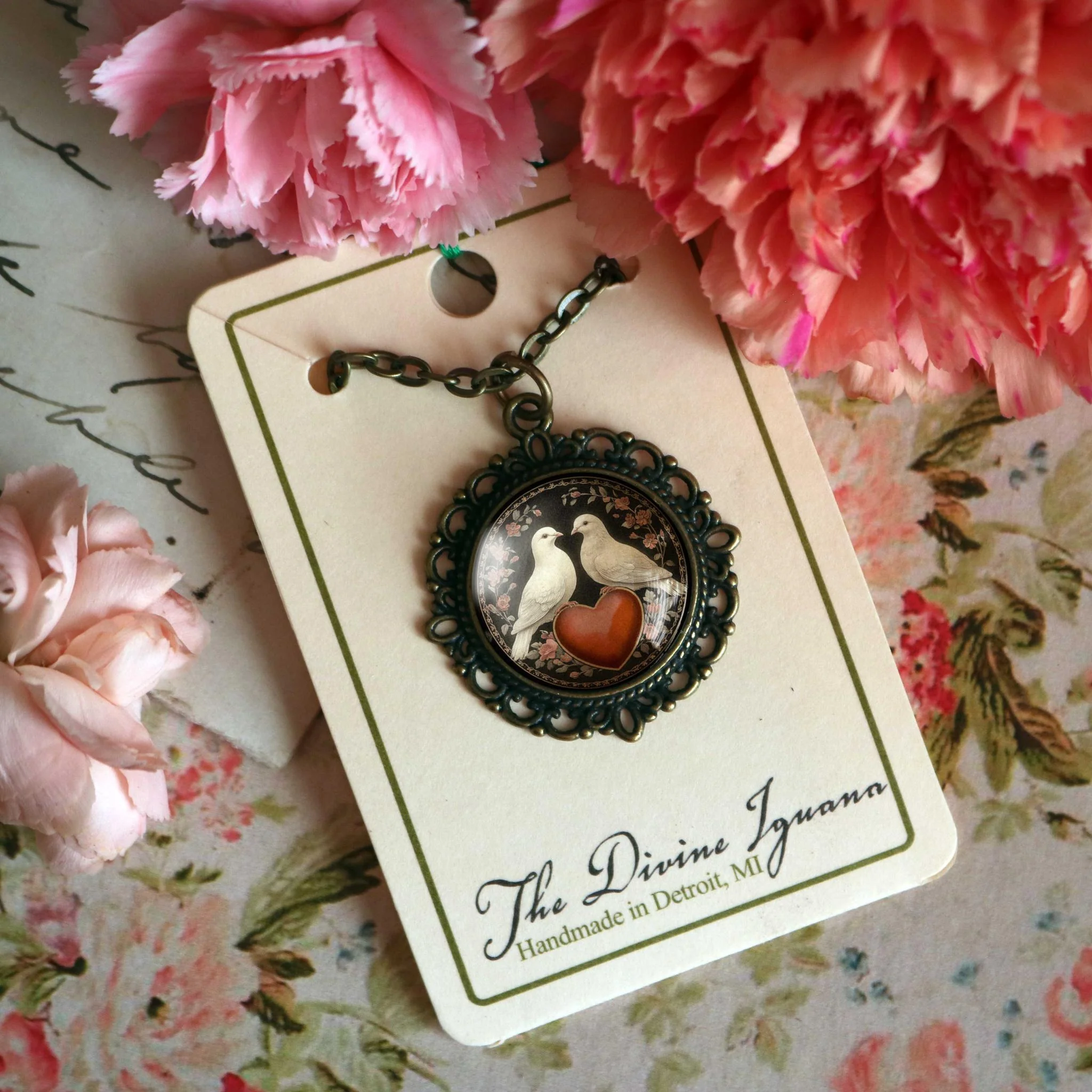 Love Bird Doves Valentine’s Day Pendant Necklace | Vintage Inspired Glass Cabochon, Antiqued Bronze, Handmade Jewelry - Image 3