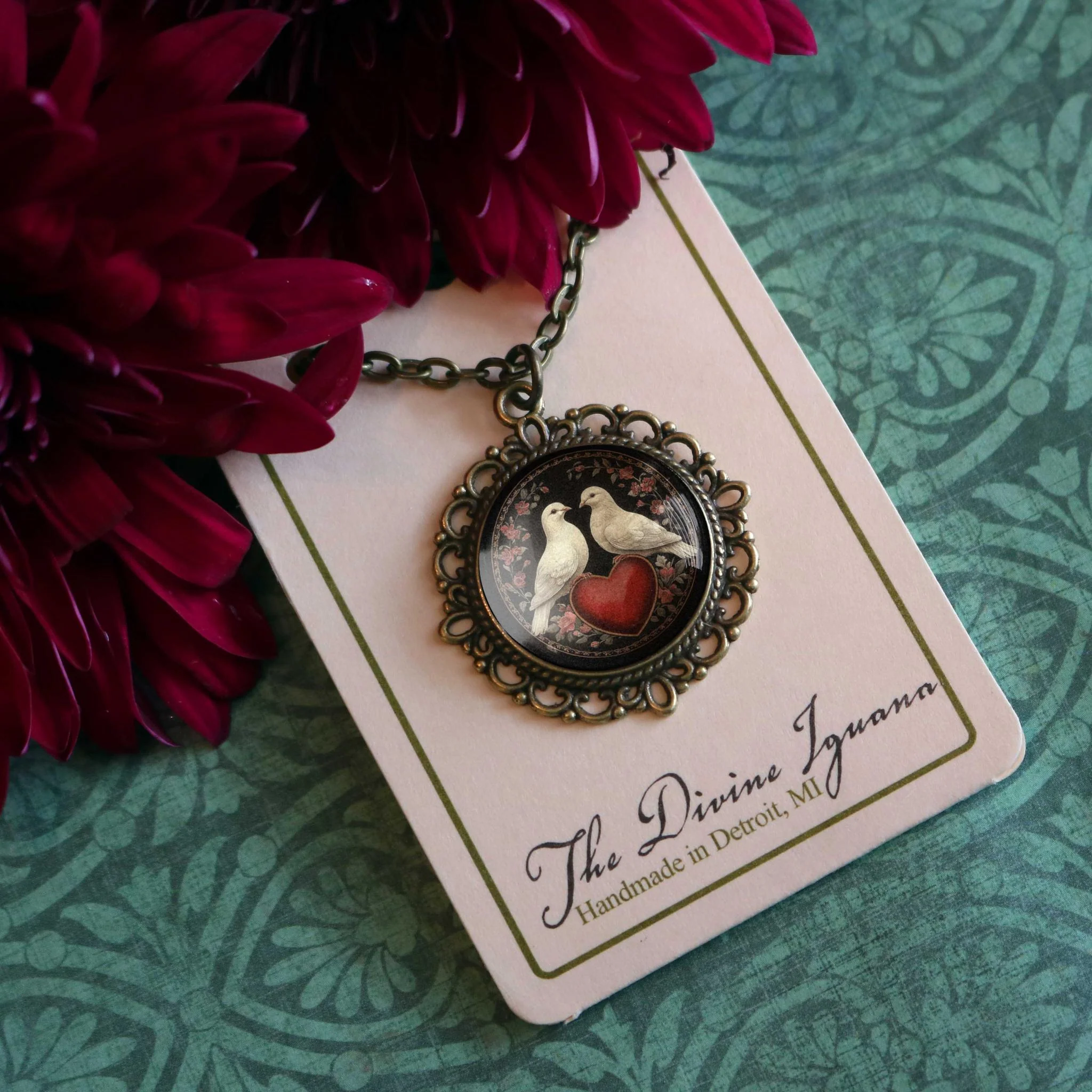 Love Bird Doves Valentine’s Day Pendant Necklace | Vintage Inspired Glass Cabochon, Antiqued Bronze, Handmade Jewelry - Image 4