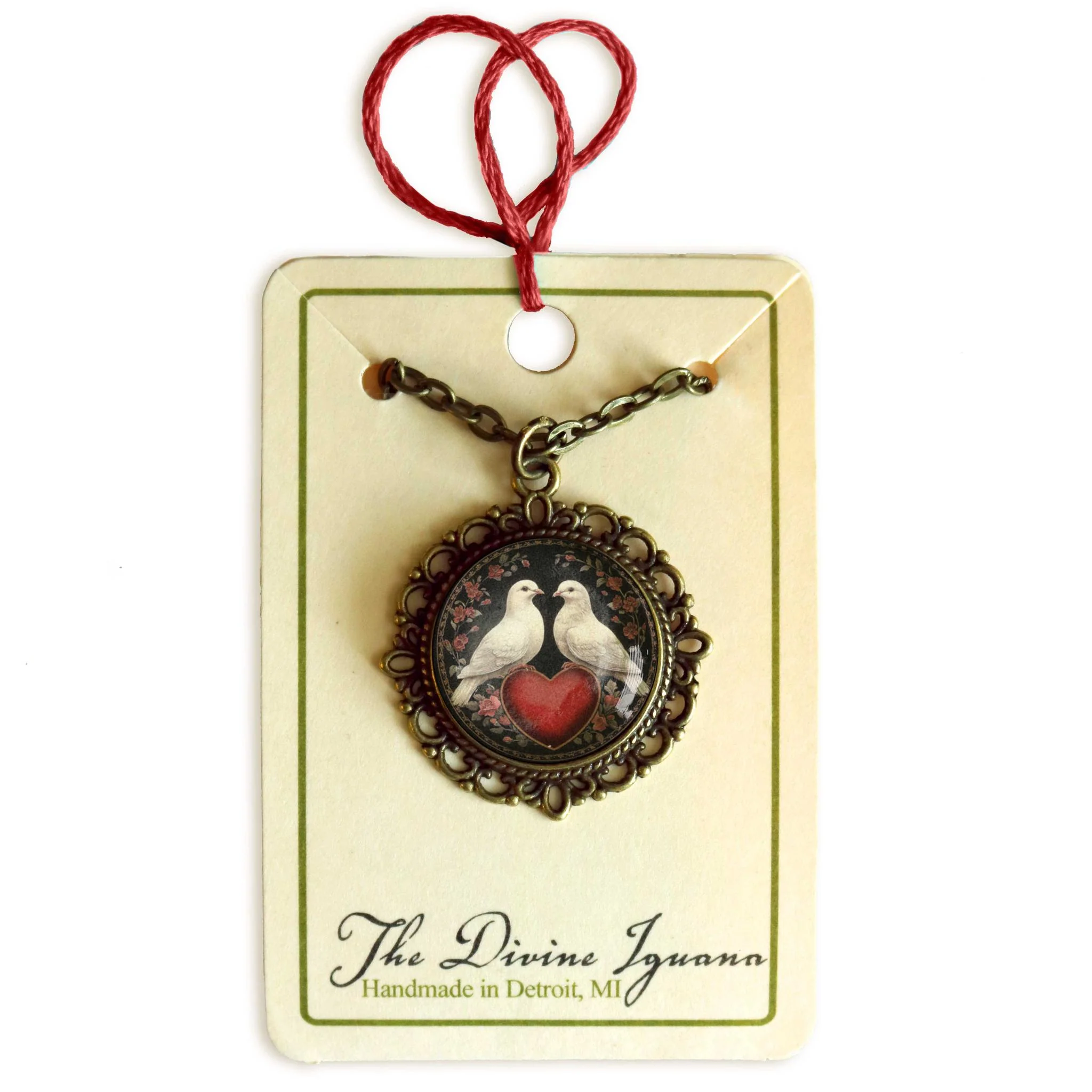 Love Bird Doves Valentine’s Day Pendant Necklace | Vintage Inspired Glass Cabochon, Antiqued Bronze, Handmade Jewelry - Image 5