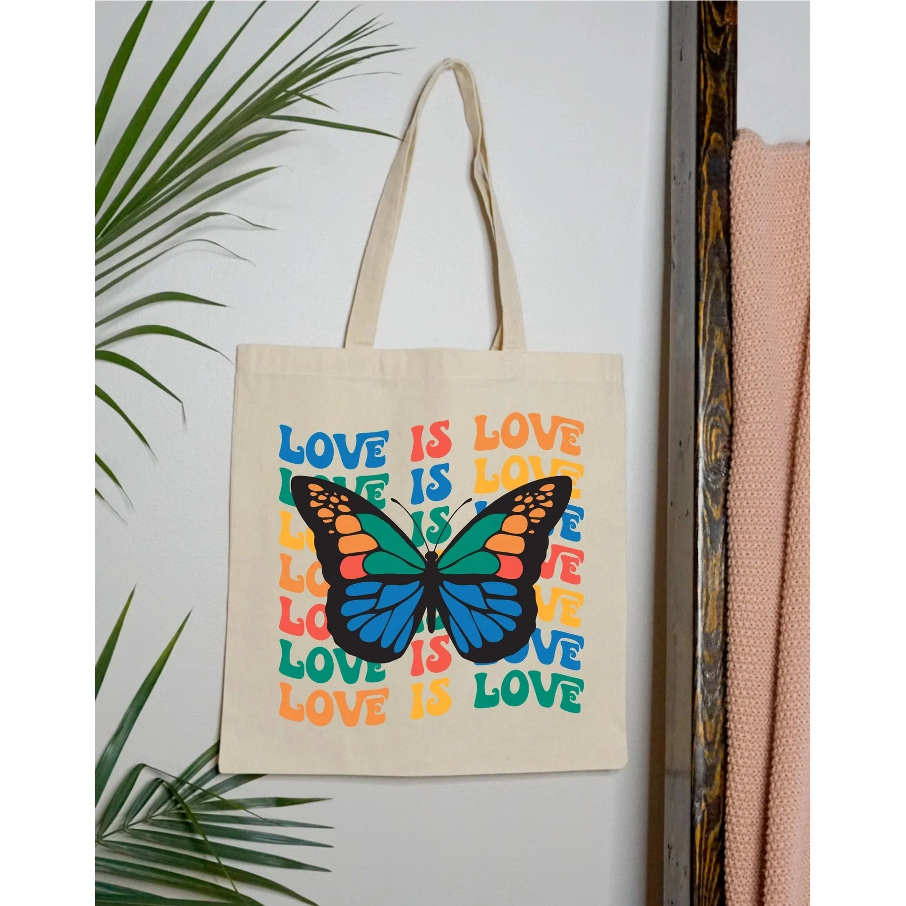 Love is Love Rainbow Butterfly LGBTQ Pride Canvas Tote Bag - Image 2