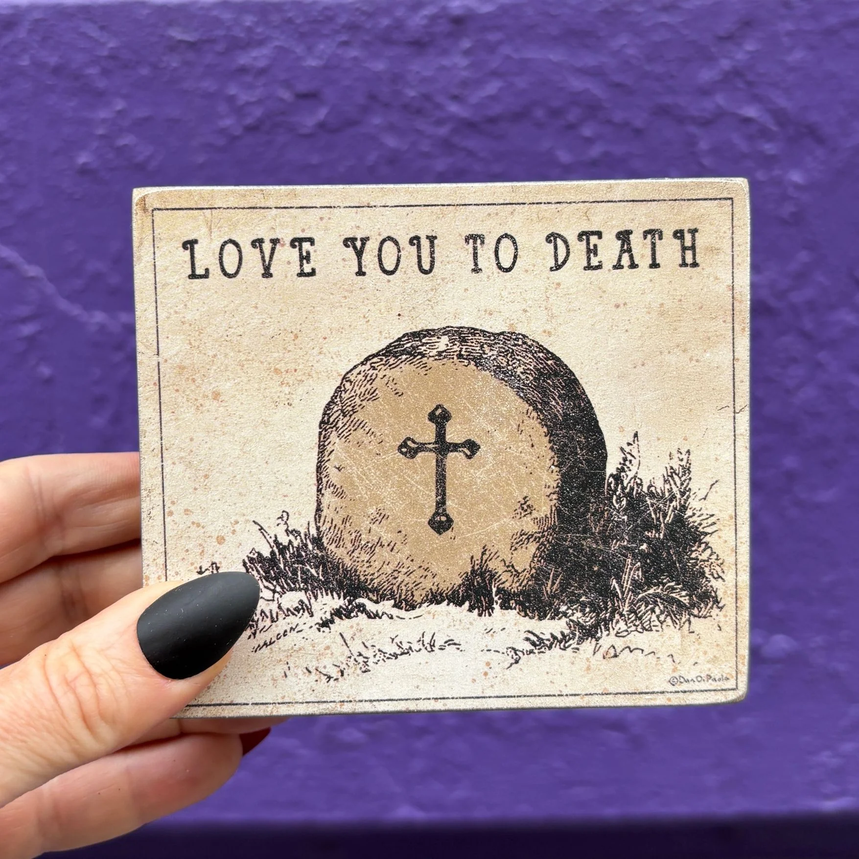 Love You To Death Vintage Art of a Grave Stone Block Sign | Wooden Halloween Decor | 4" x 3.50" - Image 4