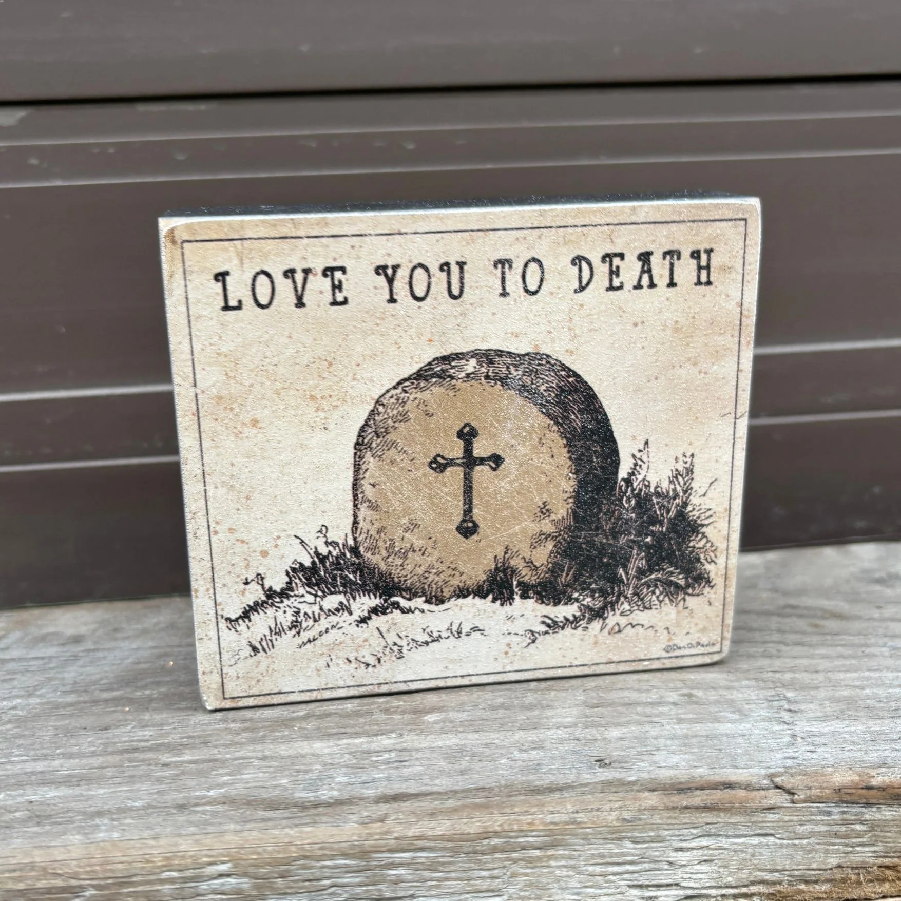 Love You To Death Vintage Art of a Grave Stone Block Sign | Wooden Halloween Decor | 4" x 3.50" - Image 5