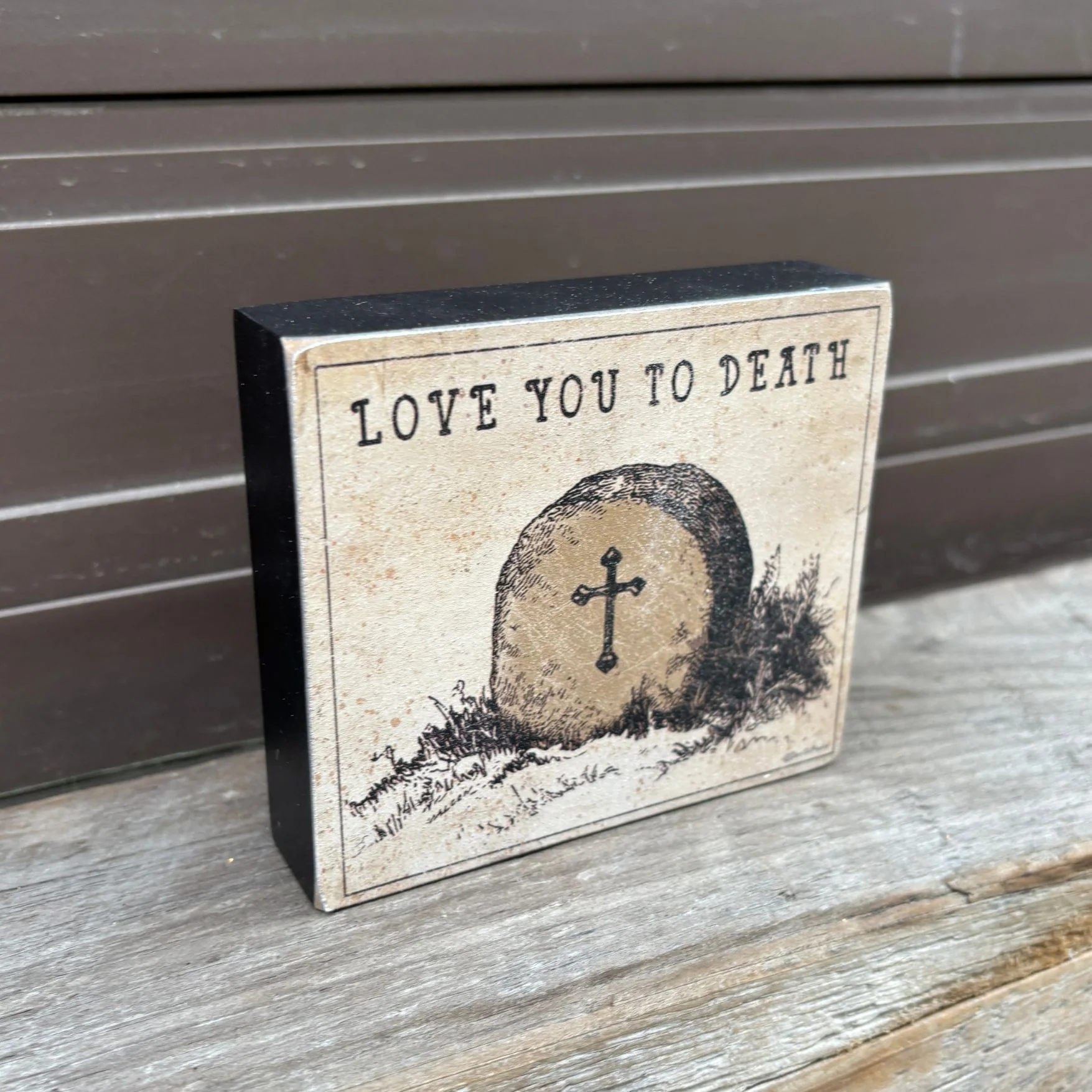 Love You To Death Vintage Art of a Grave Stone Block Sign | Wooden Halloween Decor | 4" x 3.50" - Image 6