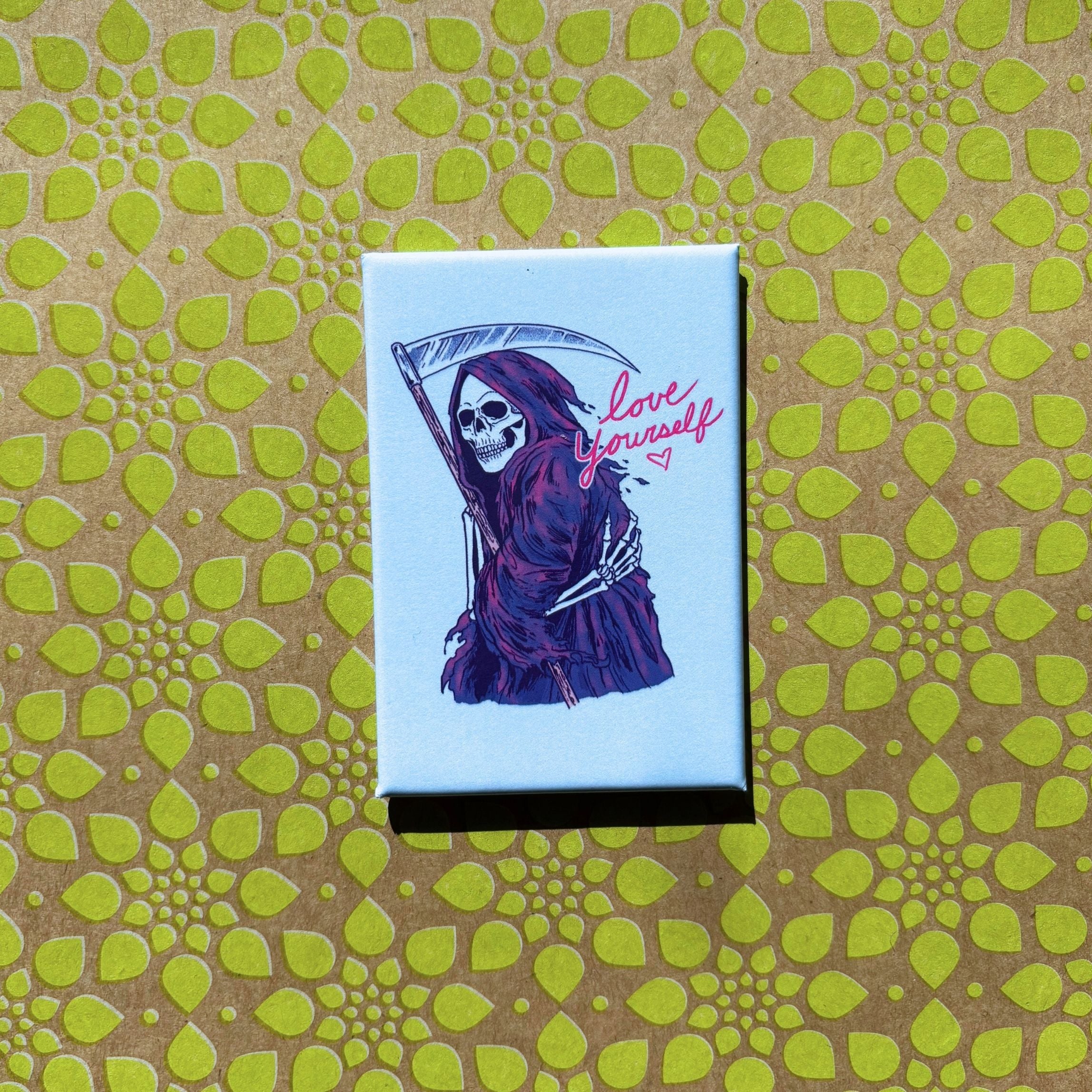 Love Yourself Rectangular Magnet in Grim Reaper/ Skeleton of Death Design | Refrigerator Magnetic Surface Decor - Image 2