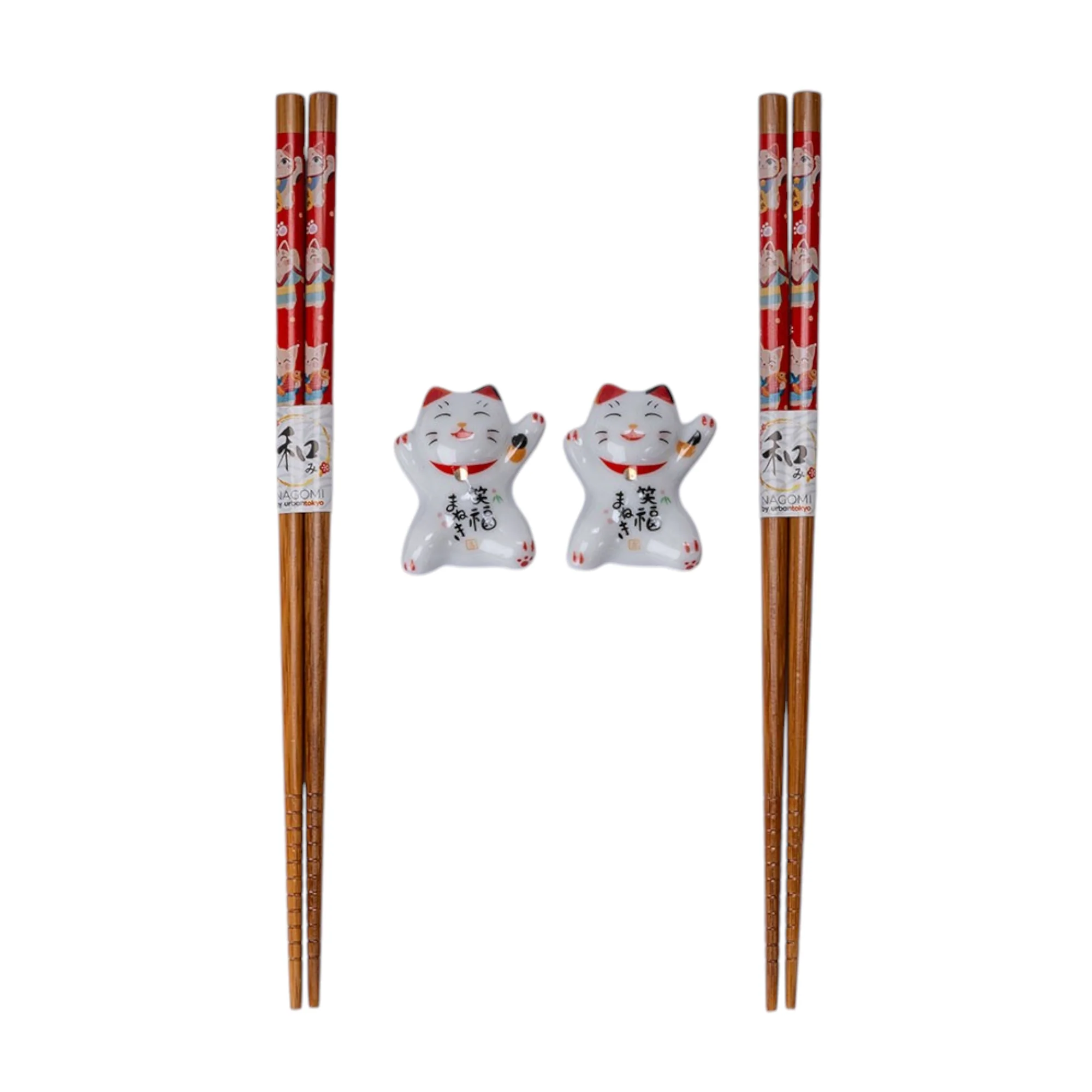 Lucky Cat Neko 2 Pair Chopsticks and Rests Gift Set | Bamboo & Ceramic Japanese Dining Set - Image 3