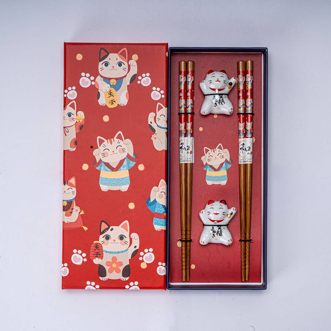 Lucky Cat Neko 2 Pair Chopsticks and Rests Gift Set | Bamboo & Ceramic Japanese Dining Set - Image 5
