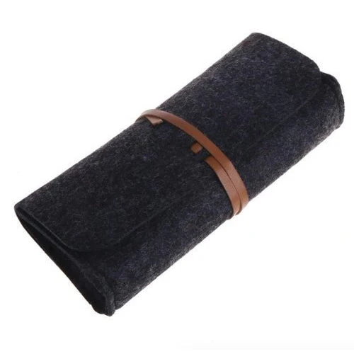 Felted Fabric Sunglasses Case in Black with Faux Leather Wrap Tie - Image 2