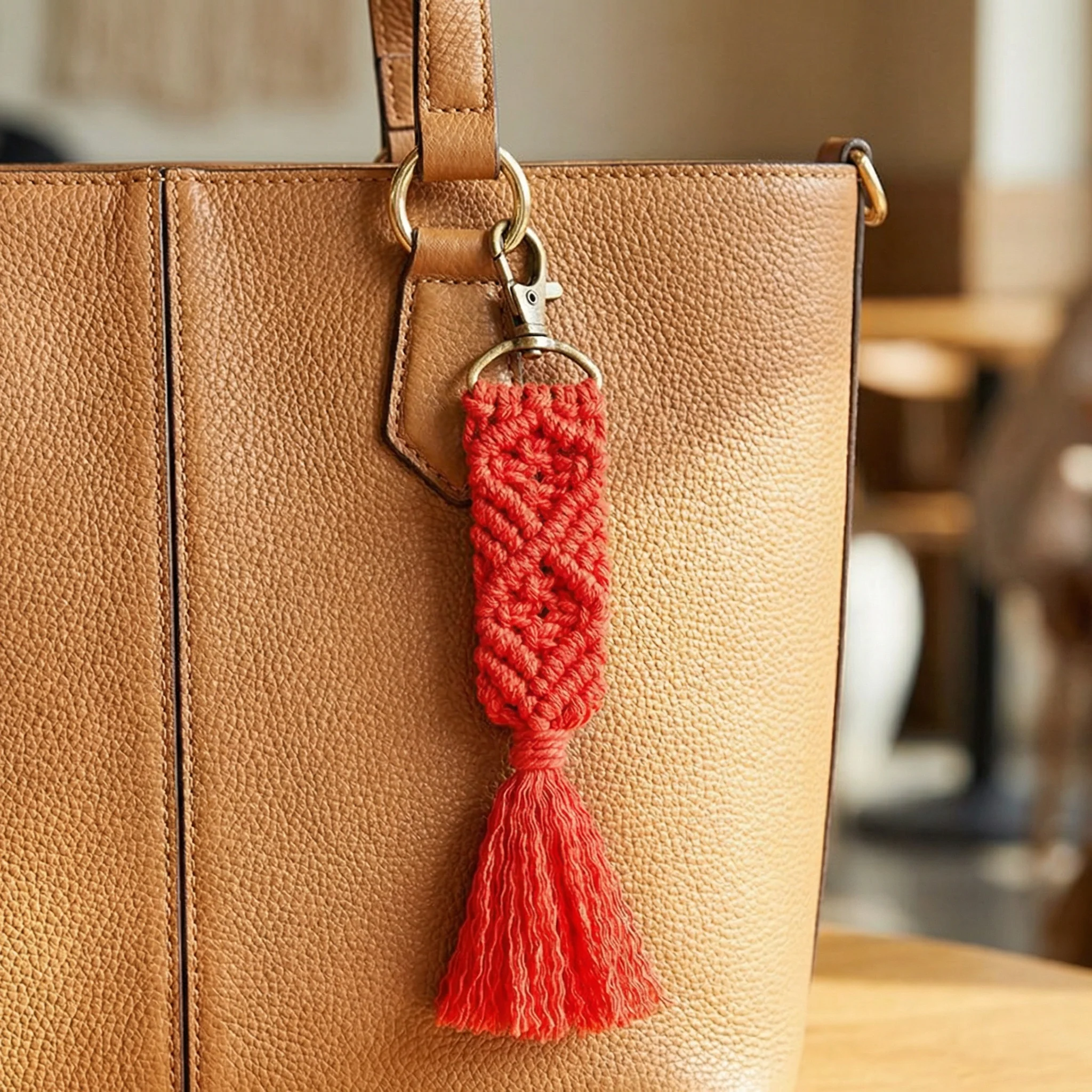 Hand Knotted Macrame Bag Charm Keychain in Red - Image 3