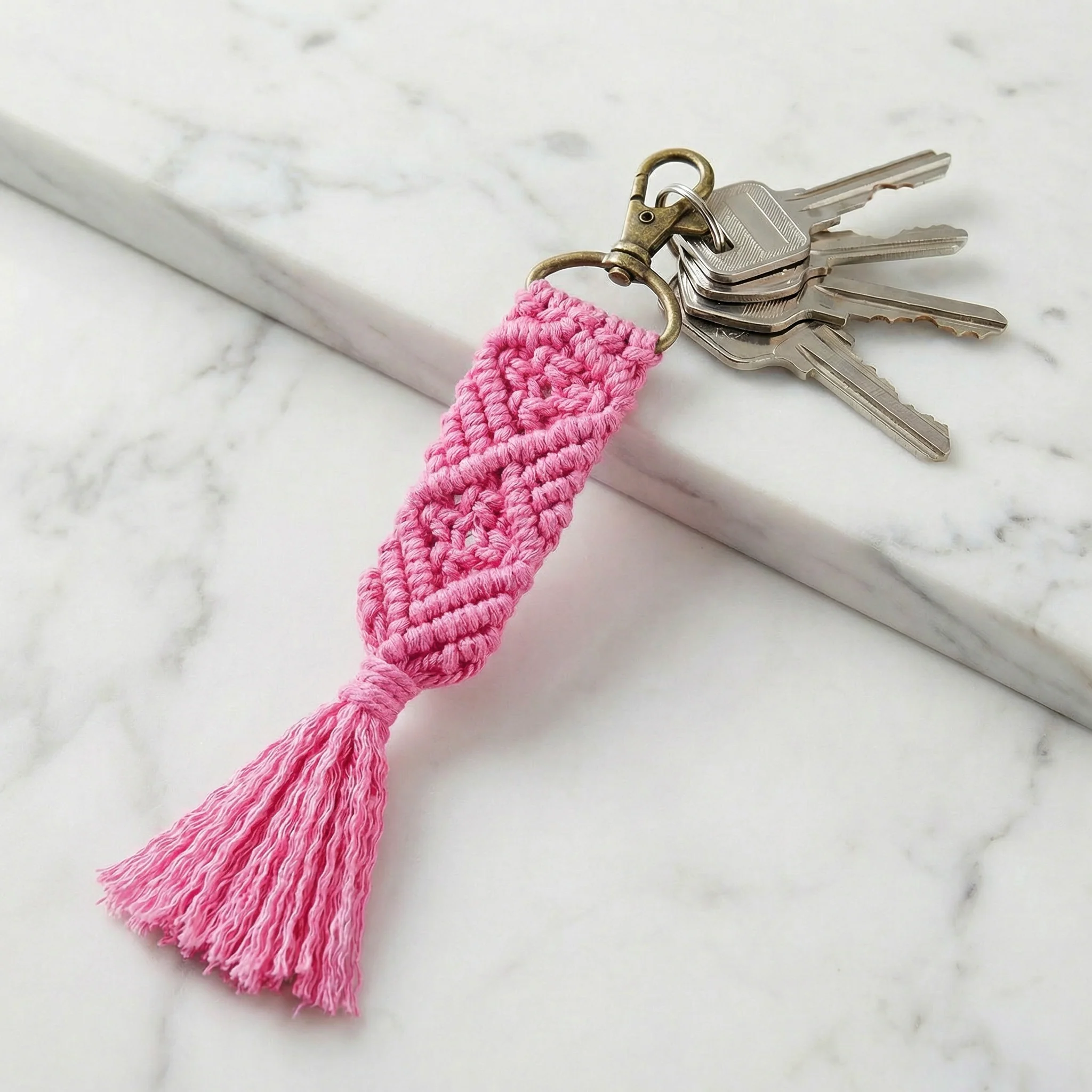 Hand Knotted Macrame Bag Charm Keychain in Pink - Image 5