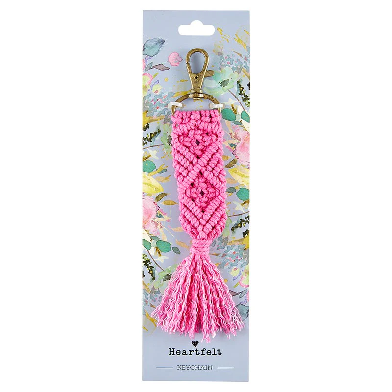 Hand Knotted Macrame Bag Charm Keychain in Pink - Image 6