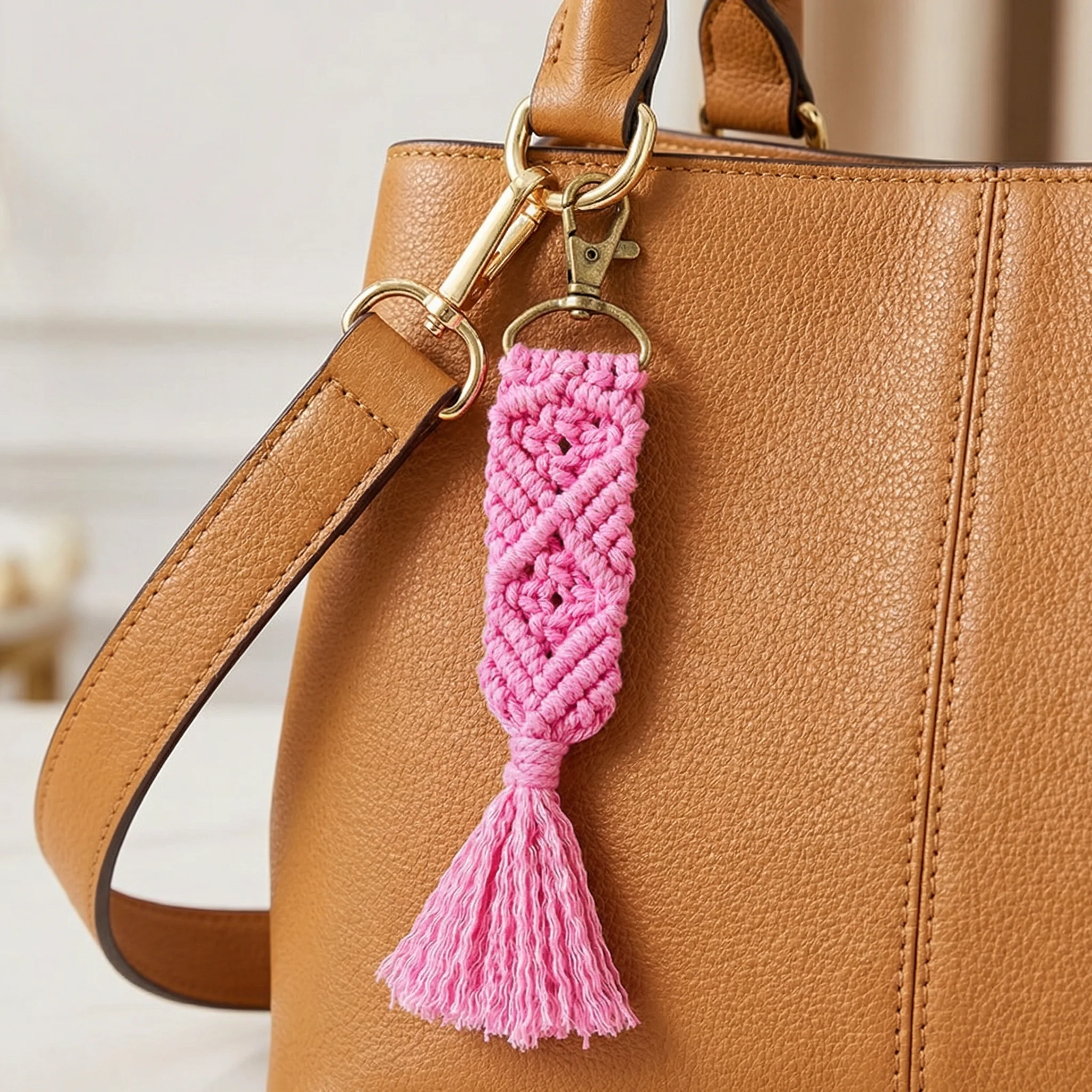 Hand Knotted Macrame Bag Charm Keychain in Pink - Image 7