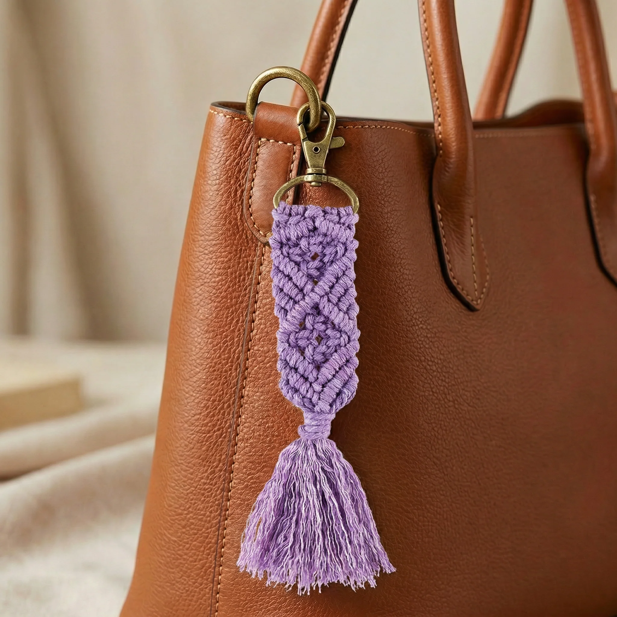 Hand Knotted Macrame Bag Charm Keychain in Purple - Image 5